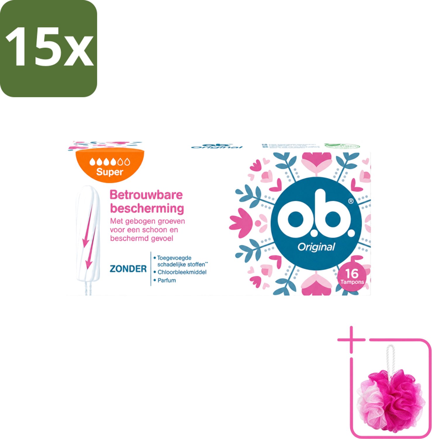 15 x o.b. Tampons - Original Super - Gebogen Groeven - Voor Betrouwbare Bescherming - 16 Tampons - Bulkverpakking - Tampons - Douchemop - Menstruatiebescherming
