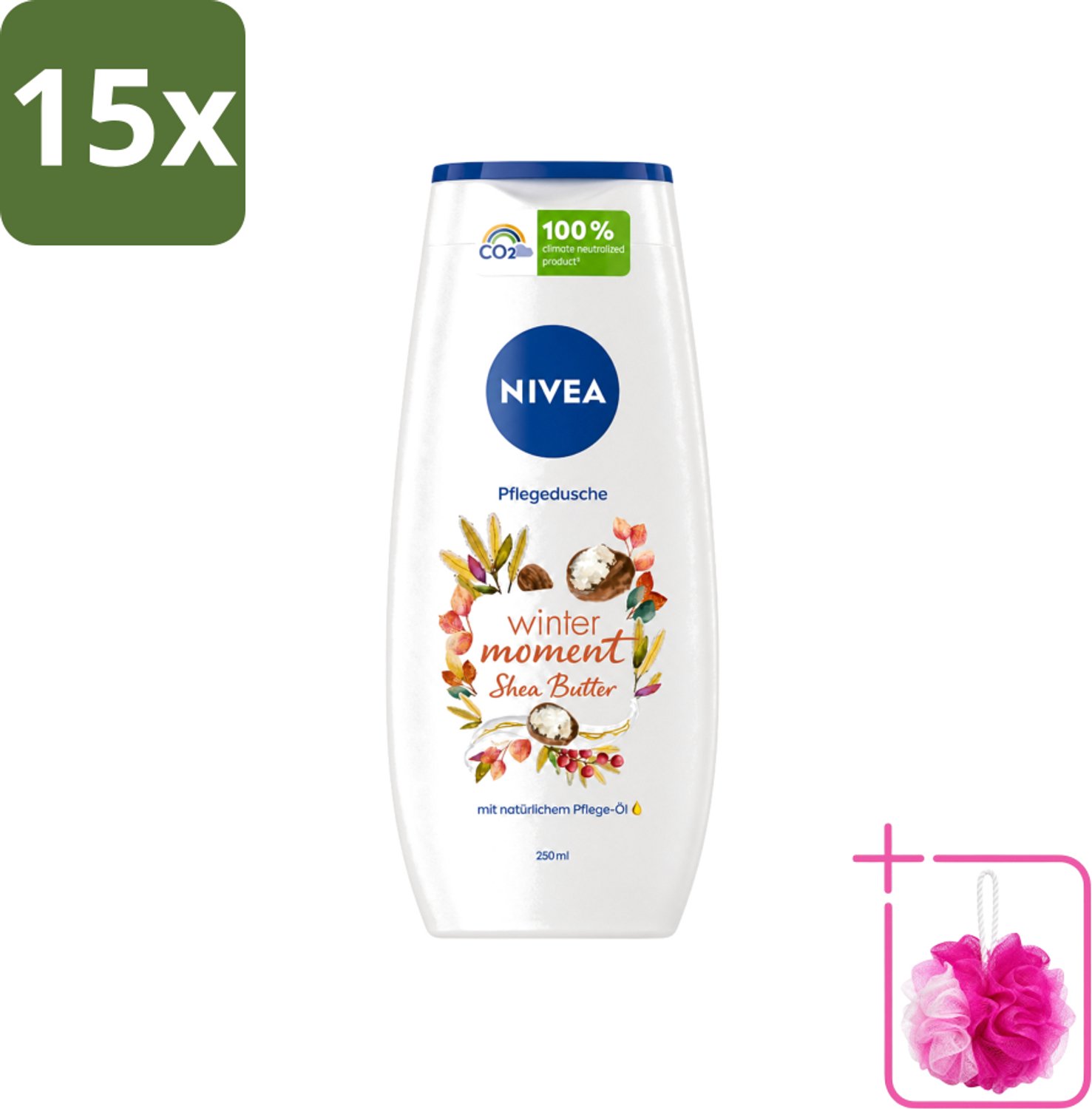 15 x Nivea - Douchegel - Winter Moment Shea Butter - 250 ml - Bulkverpakking - Douchegel winter - Douchemop - Sheaboter douchegel