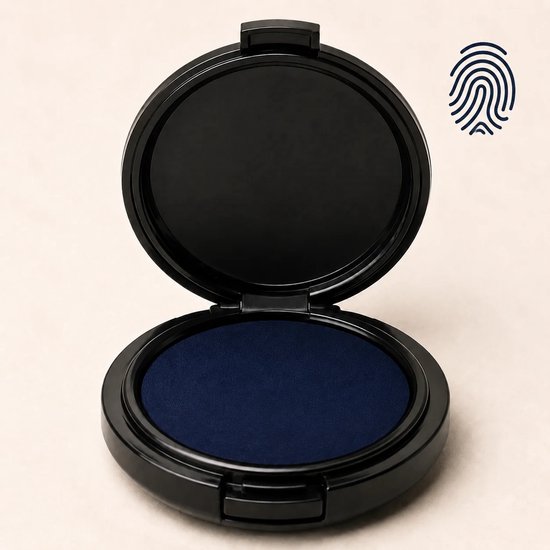 Zwart, open stempelkussen met donkerblauwe inkt en een vingerafdruk-icoon rechtsboven.