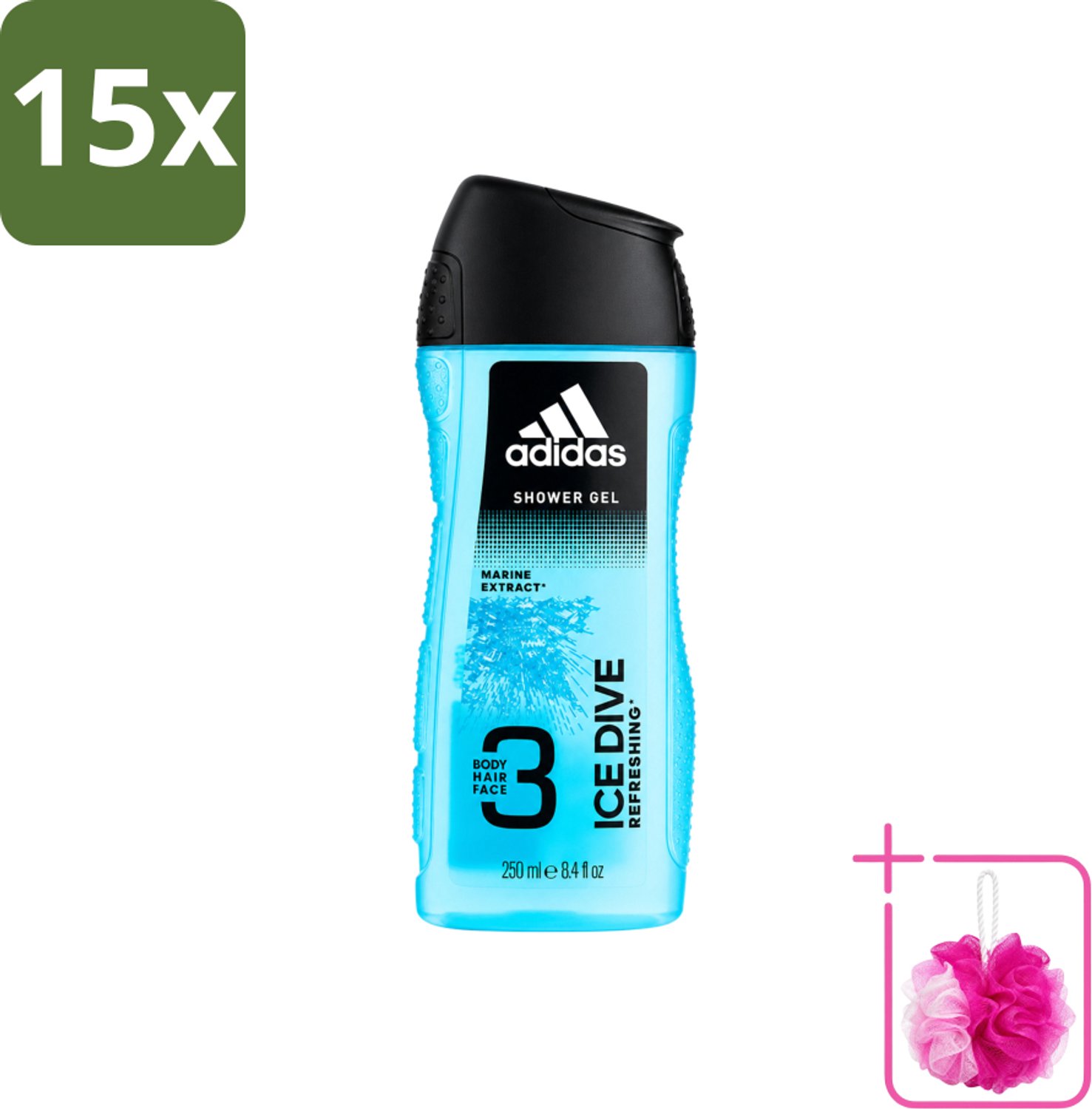 15 x Adidas - 3-in-1 Douchegel - Ice Dive Refreshing - Marine Extract - 250 ml - Bulkverpakking - Adidas Ice Dive Douche en Shampoo - Douchemop - Verfrissend