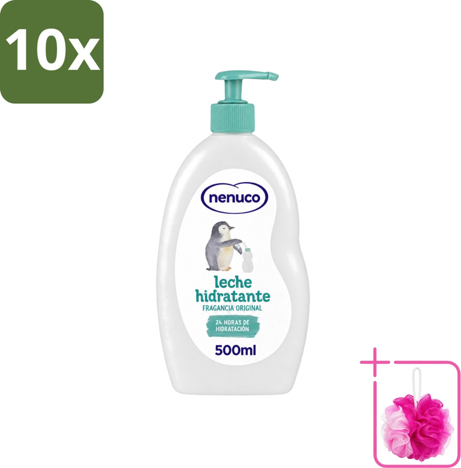 10 x Nenuco - Bodymilk - Verzorgende Bodylotion - Hydraterend - Met Pomp - 500 ml - Bulkverpakking - Babyhuid verzorging - Douchemop - Bodymilk voor baby