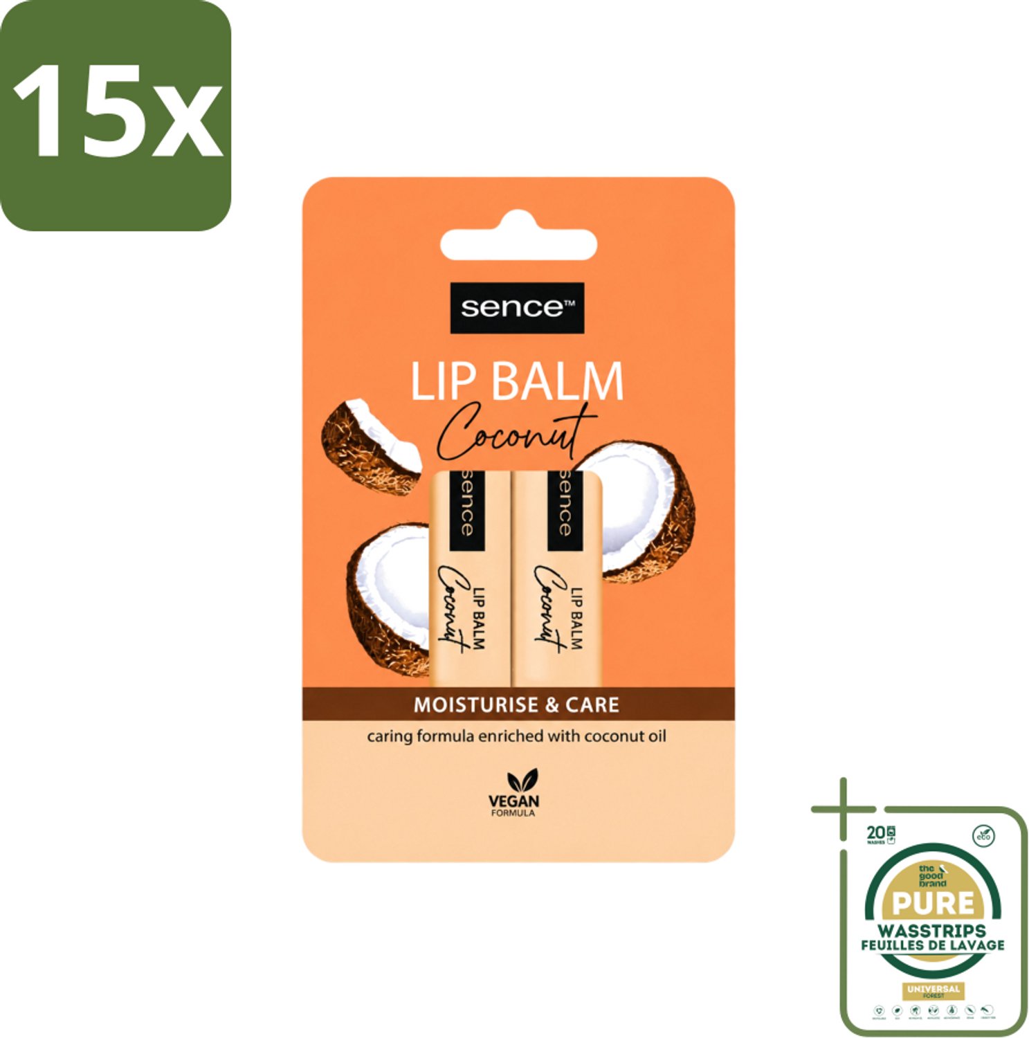 15 x Sence - Moisturise & Care - Lippenbalsem Duo - Verzorgend - 2 x 4,3 g - Wasstrips - Lippenbalsem - Kokos - Lippenverzorging - Hydraatatie - Droge Lippen