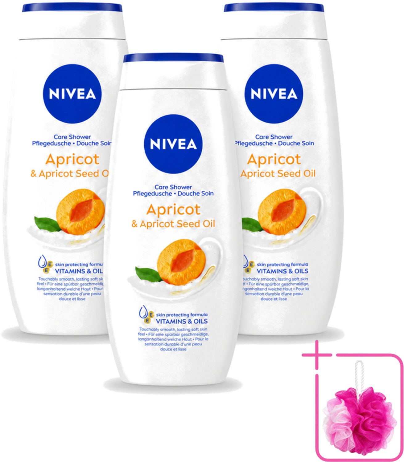 3 x Nivea - Douchegel - Soft Apricot - Huidbeschermend - 250 ml - Bulkverpakking - Douchegel - Douchemop - Huidbeschermend