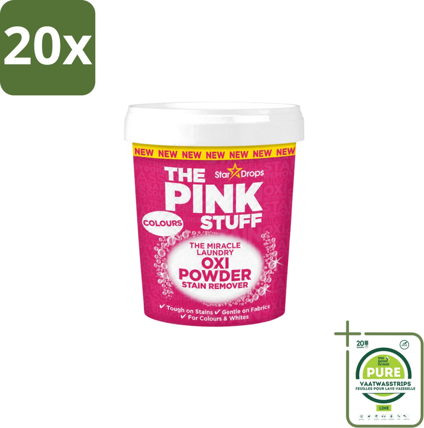 20 x The Pink Stuff - Vlekverwijderaar - Voor Bonte Was - 1kg - Grootverpakking - Vaatwasstrips - Vlekverwijderaar - Wasgoed Reinigen - Vlekken Verwijderen - Poeder Voor Was - Kleurbehoud