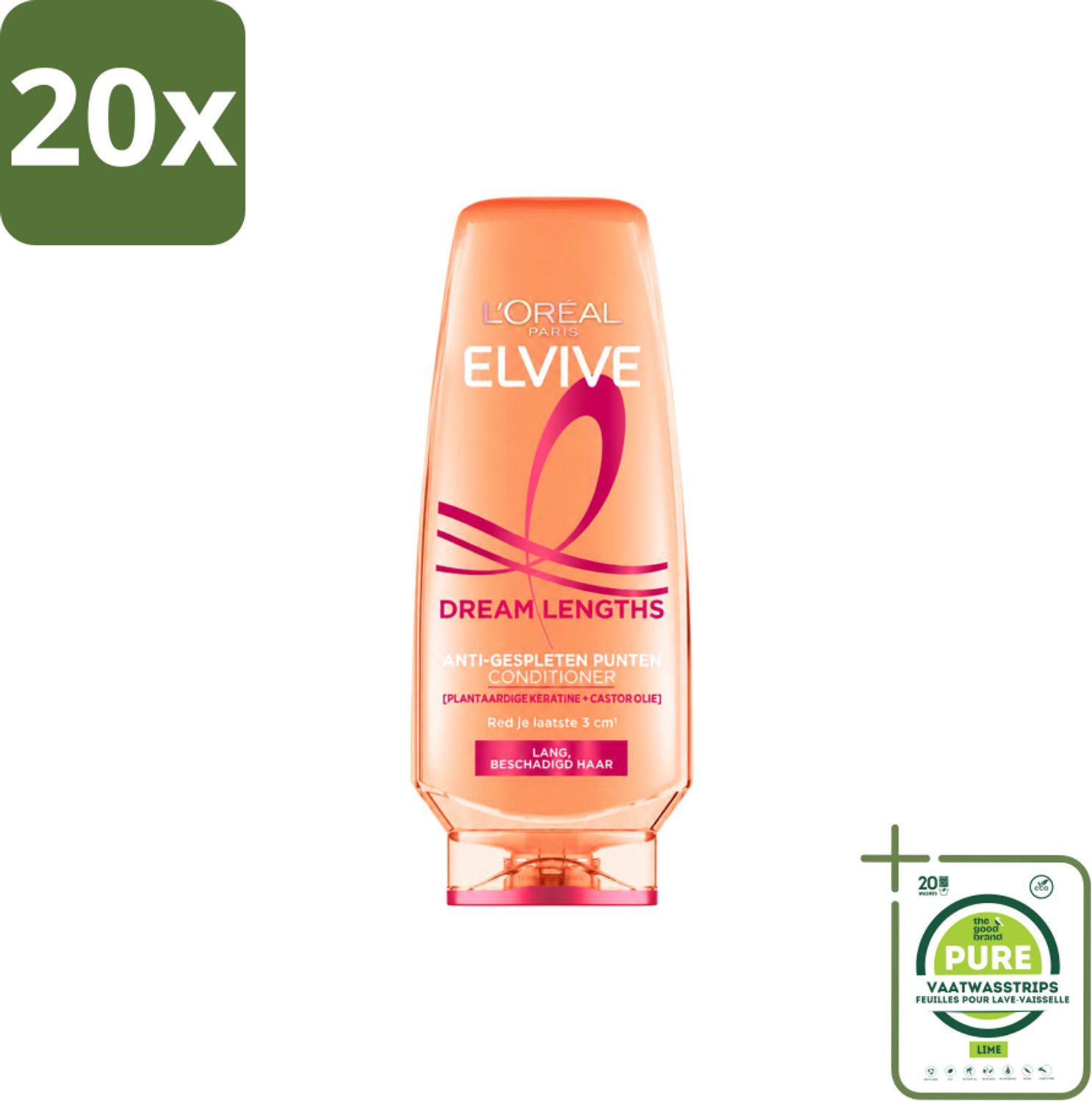 20 x L'Oréal Paris Elvive Dream Lengths - Conditioner - 250 ml - Grootverpakking - Vaatwasstrips - Lang Haar - Beschadigd Haar - Haar Herstellen - Haar Verzorgen - Haar Voeden