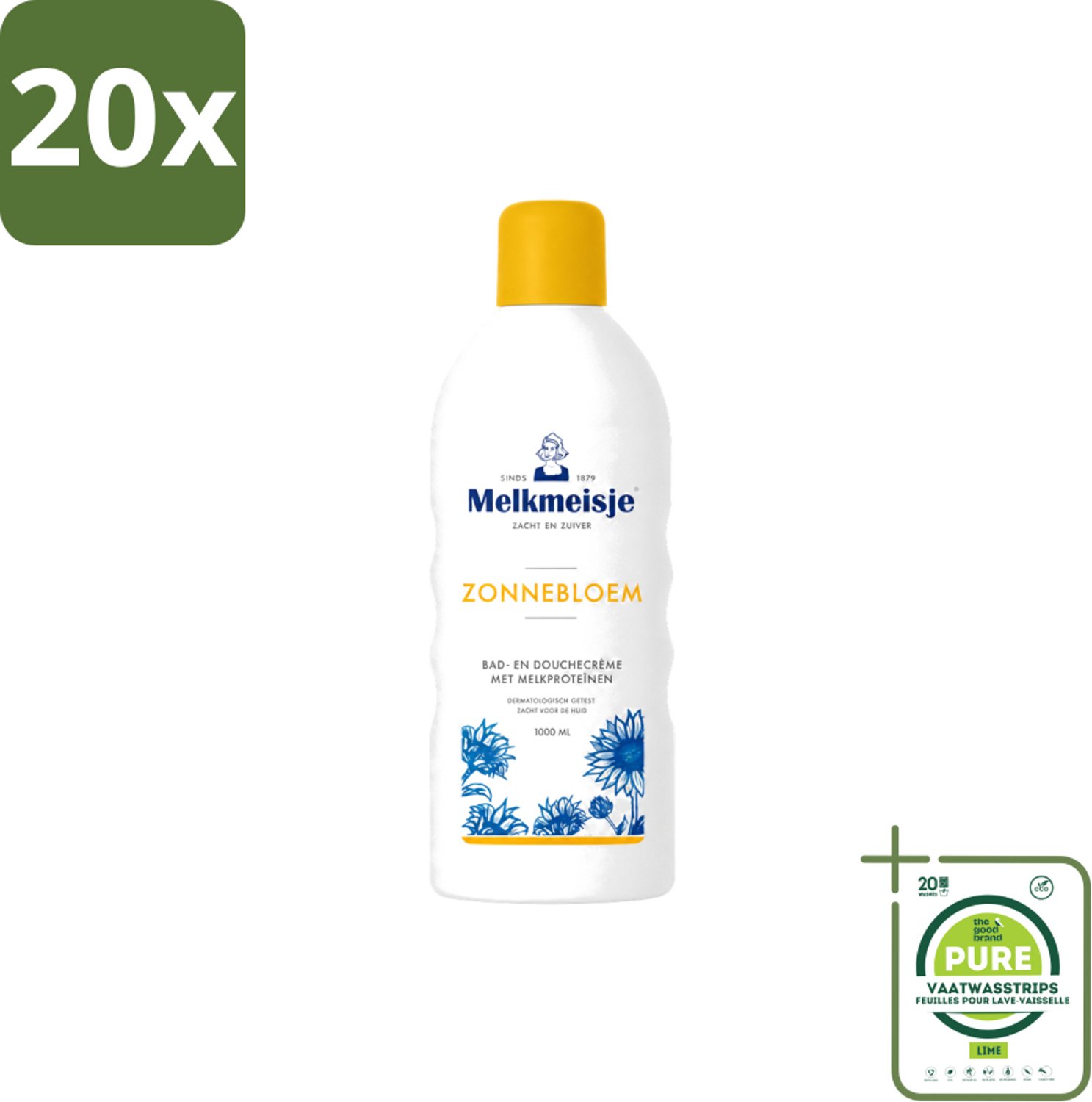 20 x Melkmeisje - Bad & Douche Zonnebloem - Romig Parfum - 1000 ml - Grootverpakking - Vaatwasstrips - Douchecrème - Melkmeisje - Zonnebloem - Huidverzorging - Melkproteïnen