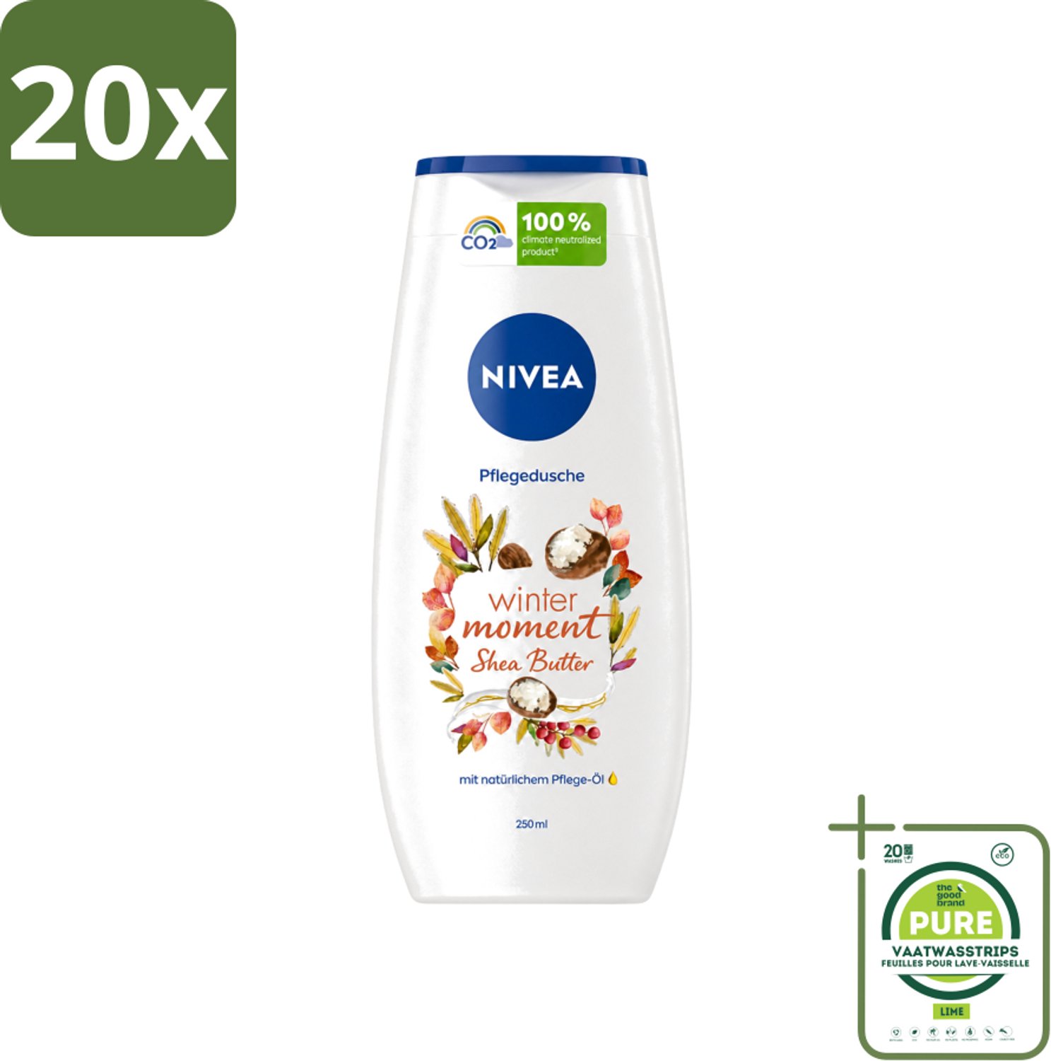 20 x Nivea - Douchegel - Winter Moment Shea Butter - 250 ml - Grootverpakking - Vaatwasstrips - Douchegel Winter - Sheaboter Douchegel - Hydraterende Douchegel - Verzorgende Douchegel - Winterdouchegel