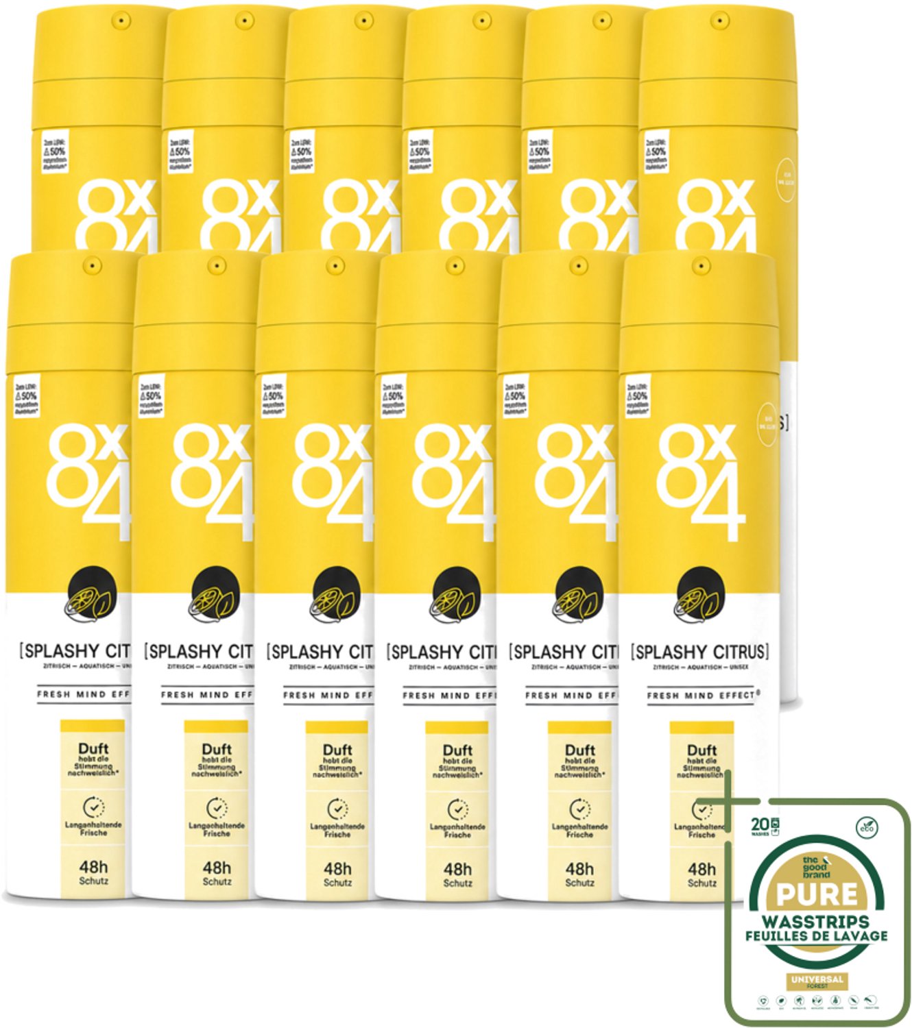 12 x 8 x 4 Deospray - Splashy Citrus - Deodorant - Citrusgeur - 150 ml - Wasstrips - Citrus Deodorant - Energiegeur - Frisse Geur - Zweetbescherming - Huidverzorging