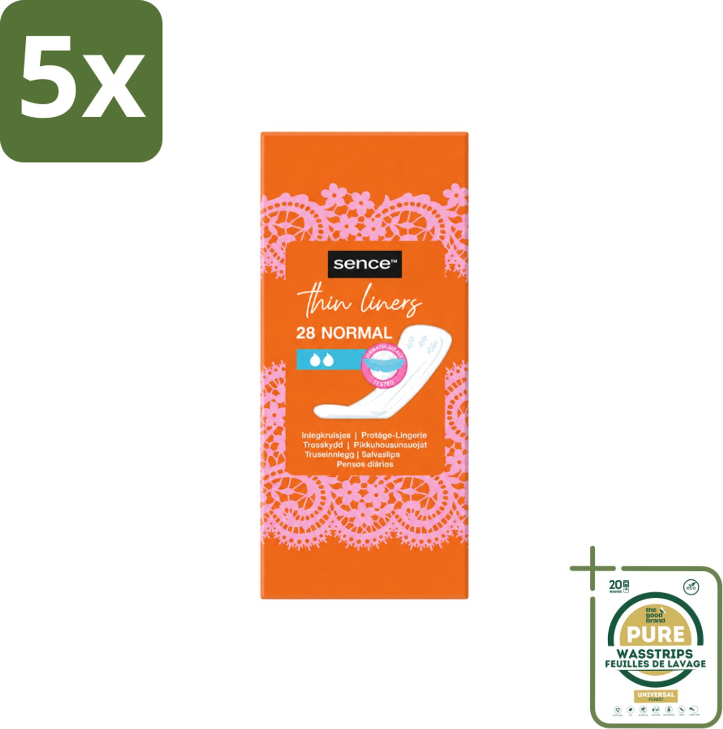 5 x Sence - Normaal - Inlegkruisjes - Dagelijks Comfort - 28 Inlegkruisjes - Wasstrips - Inlegkruisjes - Dagelijks Comfort - Afscheiding - Menstruatie - Hygiëne