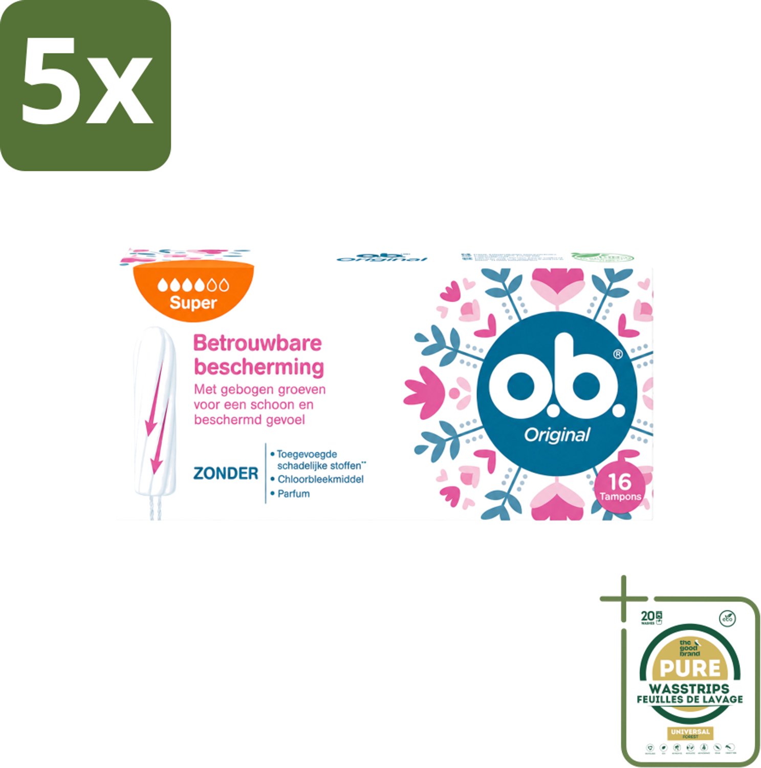5 x o.b. Tampons - Original Super - Gebogen Groeven - Voor Betrouwbare Bescherming - 16 Tampons - Wasstrips - Tampons - Menstruatiebescherming - Gebogen Groeven - StayDry - Plantaardige Kern
