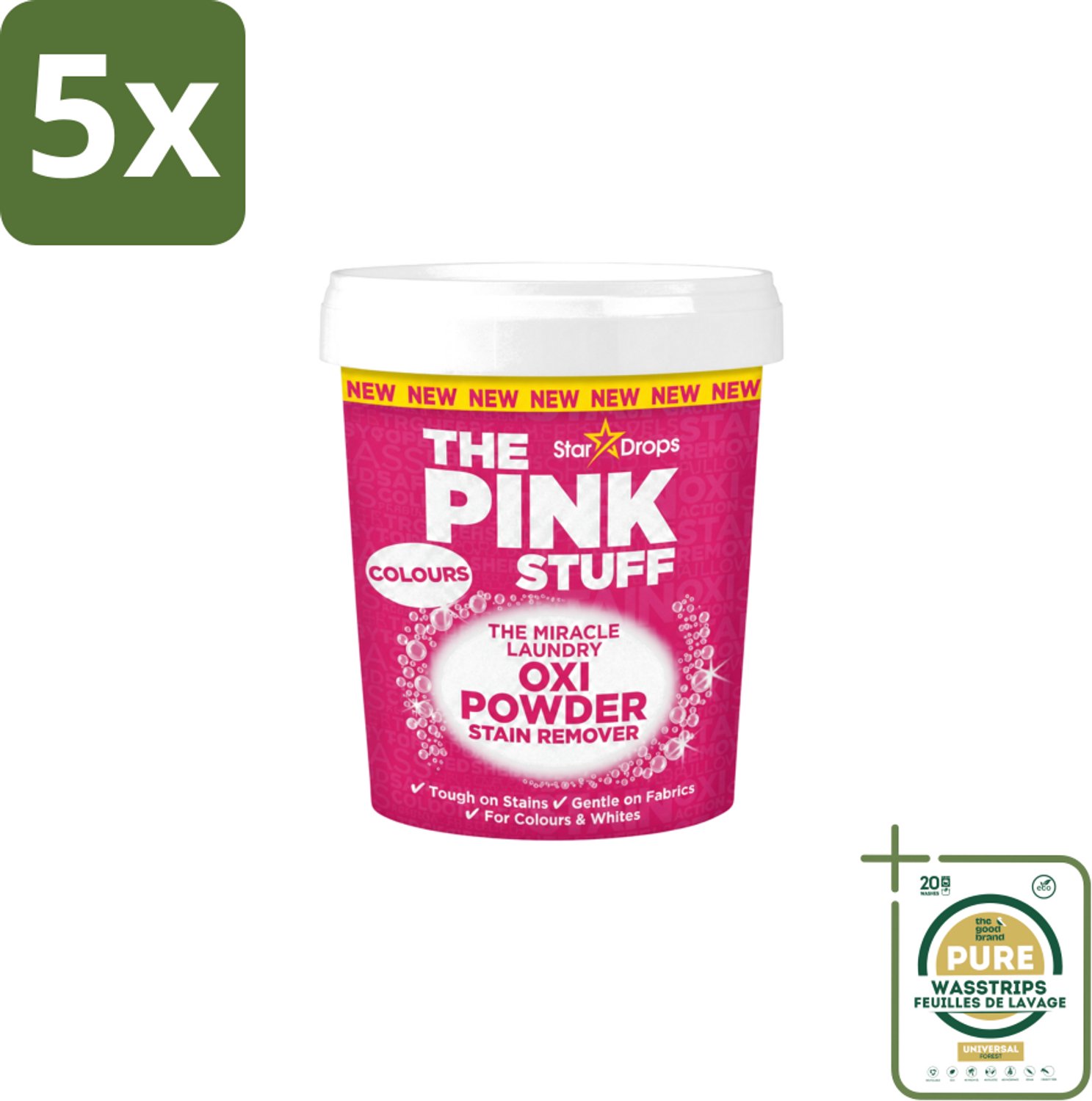 5 x The Pink Stuff - Vlekverwijderaar - Voor Bonte Was - 1kg - Wasstrips - Vlekverwijderaar - Wasgoed Reinigen - Vlekken Verwijderen - Poeder Voor Was - Kleurbehoud