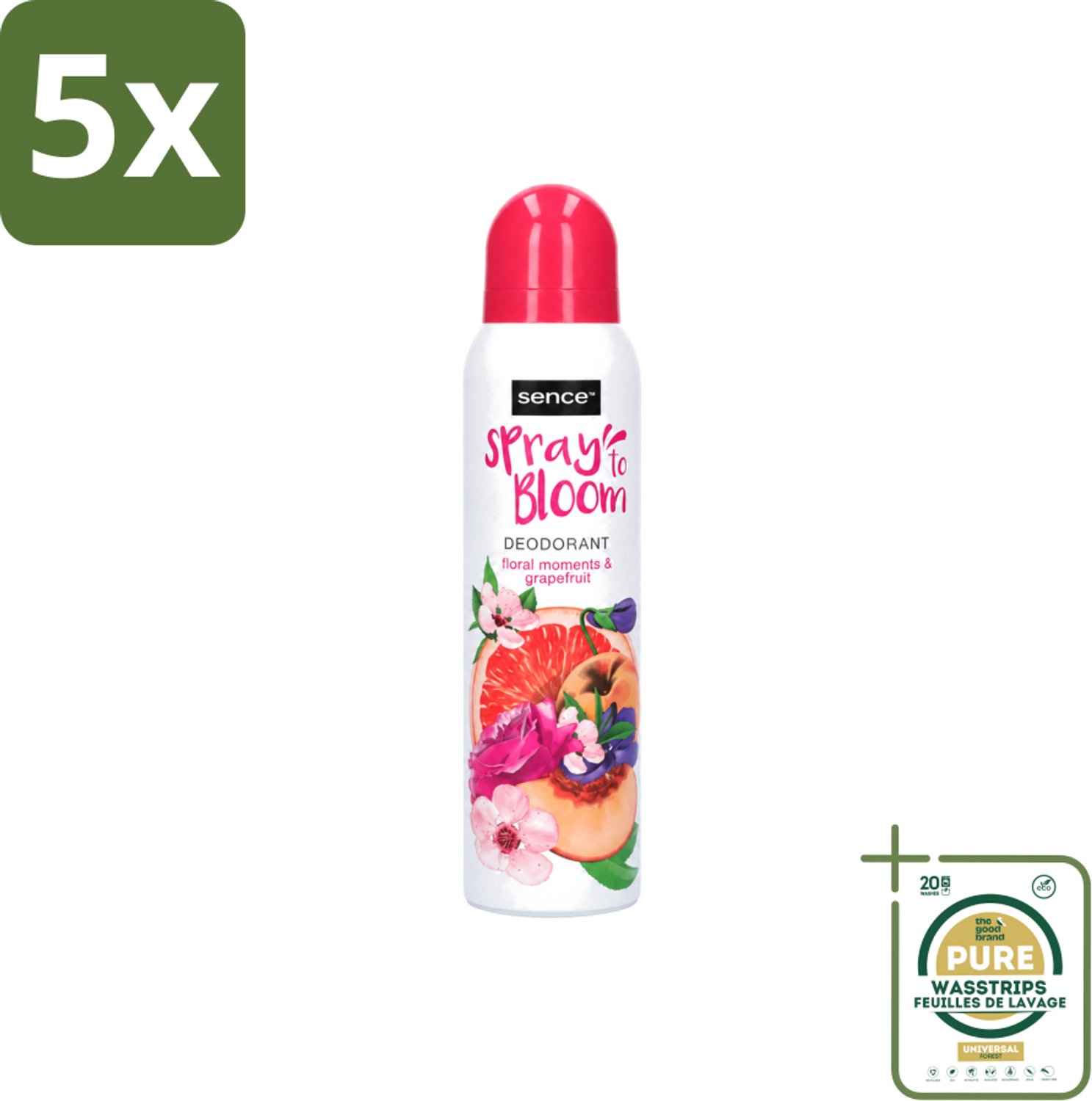5 x Sence - Floral & Grapefruit - Deodorant - Fris & Fruitig - 150 ml - Wasstrips - Frisheid - Fruitige Geur - Bloemige Geur - Grapefruit - Deodorant