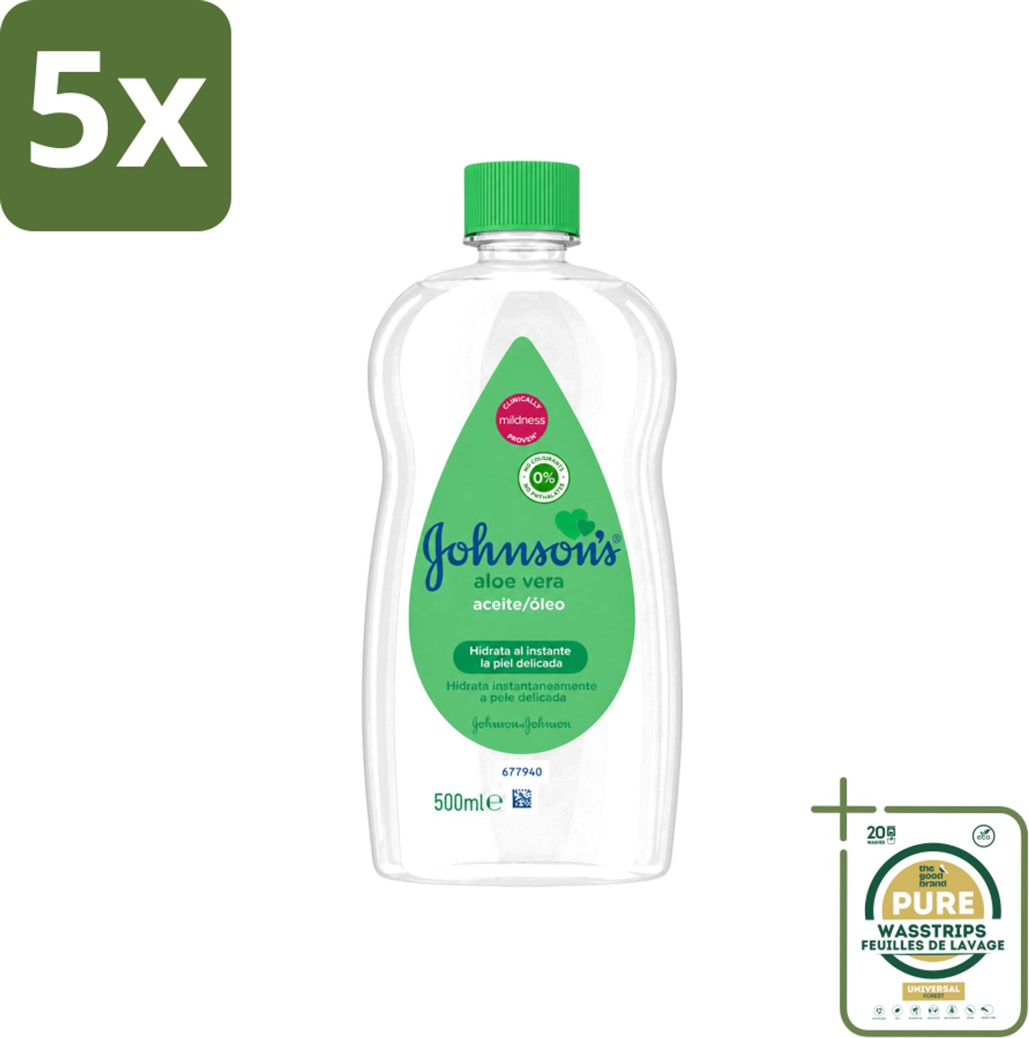 5 x Johnson's - Baby Olie - Aloe Vera - Hydrateerd Gevoelige Huid - 500 ml - Wasstrips - Babyolie - Aloe Vera - Gevoelige Huid - Melkkorst Verwijderen - Hydraterende Olie