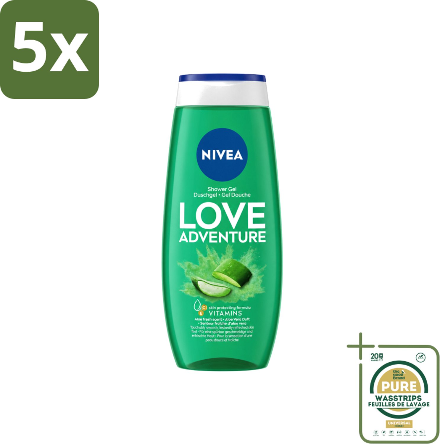 5 x Nivea - Love Adventure Douchegel - Huidbeschermend - 250 ml - Wasstrips - Douchegel - Huidbeschermend - Verfrissend - Vitamine C - Vitamine E