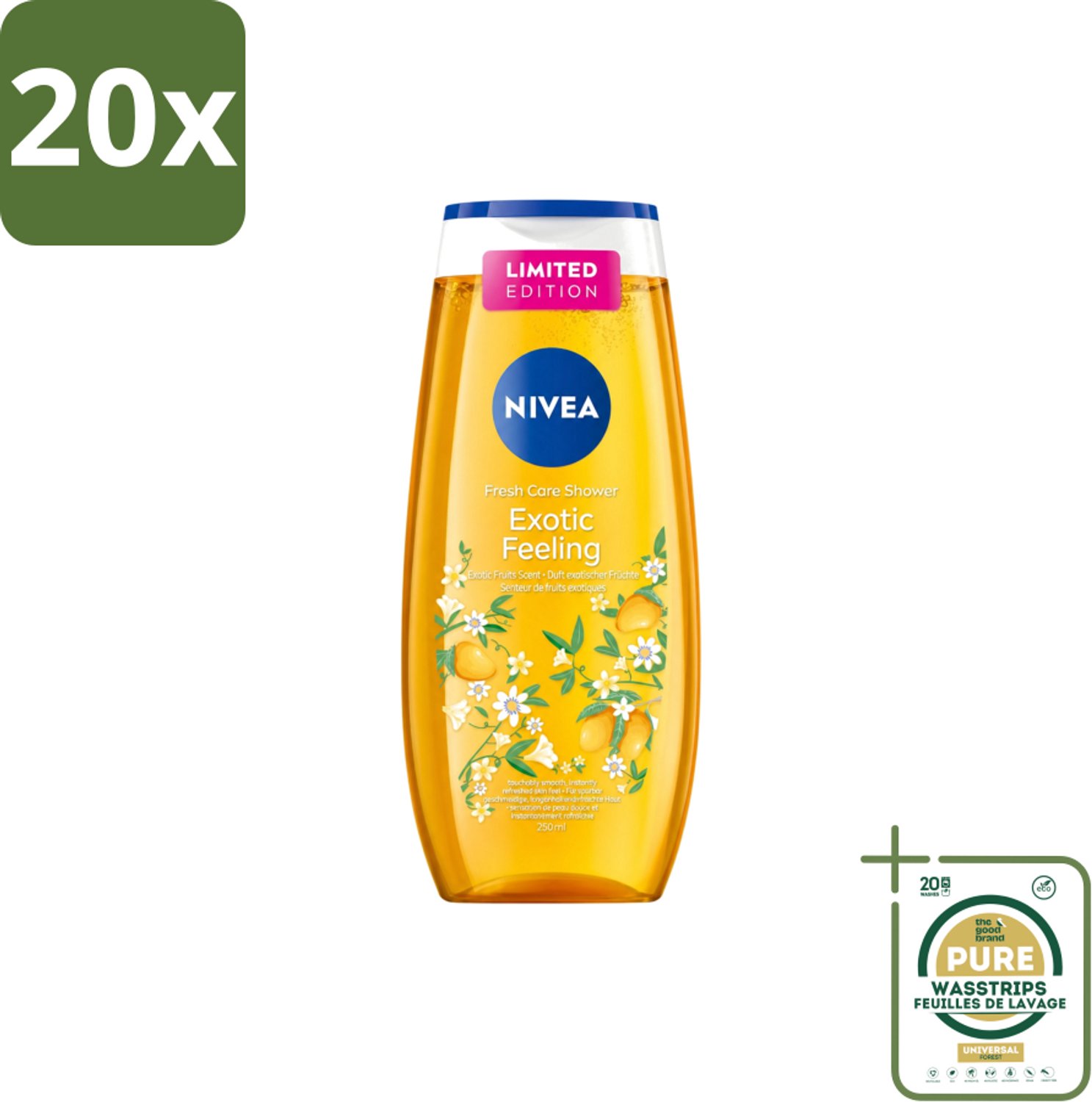 20 x Nivea – Douchegel – Exotic Feeling – 250 ml - Wasstrips - Douchegel - Tropische Geur - Mild Reinigen - Huid Verzorgen - Fris Huidgevoel