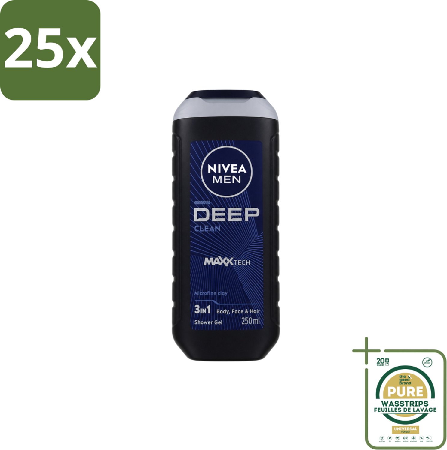 25 x Nivea Men – Douchegel – Deep Clean – 250 ml - Wasstrips - Douchegel - Diepe Reiniging - Microfijne Klei - Huid Reinigen - Haar Reinigen