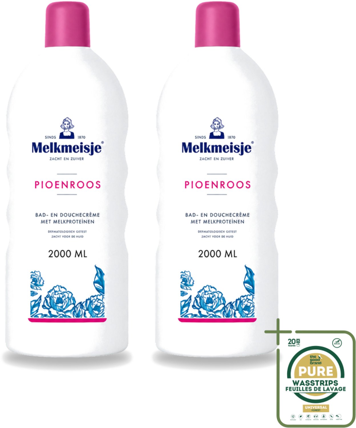 2 x Melkmeisje - Bad & Douche - Pioenroos Geur - Verzorgend & Hydraterend - 2000 ml - Wasstrips - Douchecrème - Melkproteïnen - Katoen - Huidverzorging - Pioenroos