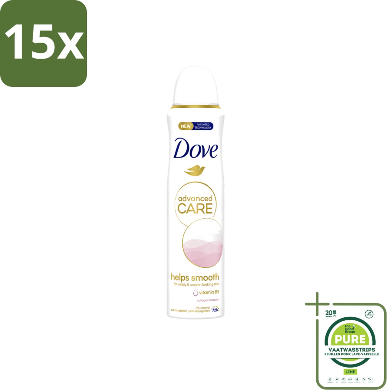 15 x Dove – Deodorant Spray – Helps Smooth Advanced Care – 150 ml - Grootverpakking - Vaatwasstrips - Deodorant Spray - Okselhuid Verzorging - Huidverzorging - Alcoholvrije Deodorant - Comfortabele Huid