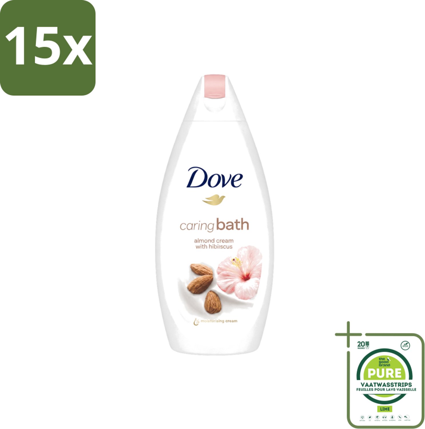 15 x Dove – Badcrème – Caring Bath Almond – 450 ml - Grootverpakking - Vaatwasstrips - Badcrème - Badcrème Voor Huid - Badcrème Voor Ontspanning - Badcrème Voor Gevoelige Huid - Badcrème Met Amandelmelk