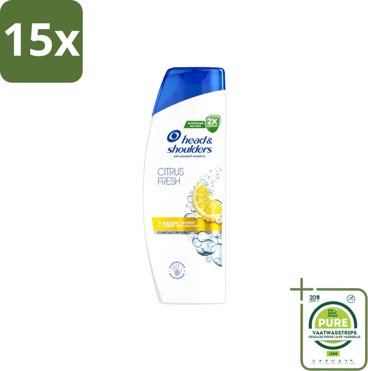 15 x Head & Shoulders - Shampoo - Citrus Fresh - 250ml - Grootverpakking - Vaatwasstrips - Citrus Fresh Shampoo - Anti-roos Shampoo - Fris Haar - Licht Haar - Roosvrij Haar