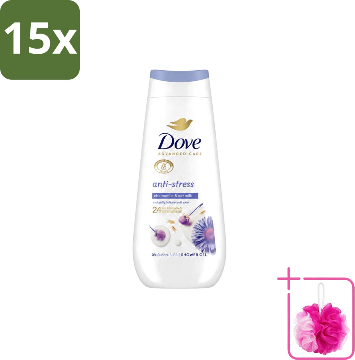 15 x Dove – Douchecrème – Anti-Stress – 225 ml - Bulkverpakking - Douchecrème anti-stress - Douchemop - Ontspannende douchecrème