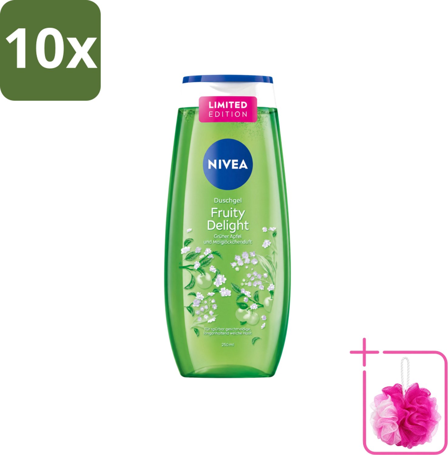 10 x Nivea – Douchegel – Fruity Delight – 250 ml - Bulkverpakking - Douchegel - Douchemop - Fruitige geur