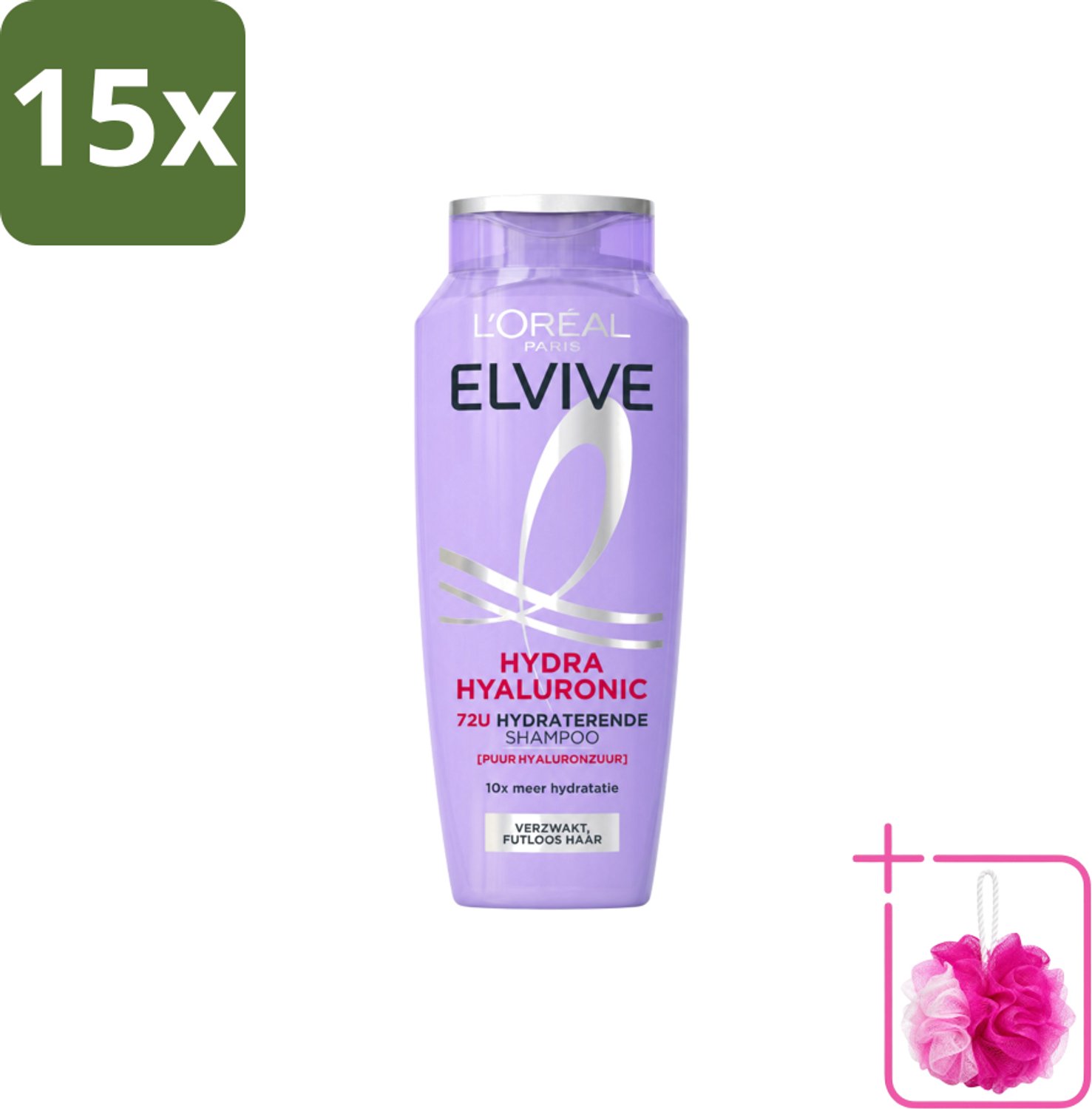 15 x L’Oréal Paris Elvive – Shampoo – Hydra Hyaluronic – Hydraterend – 250 ml - Bulkverpakking - Hydra hyaluronzuur shampoo - Douchemop - Droog haar