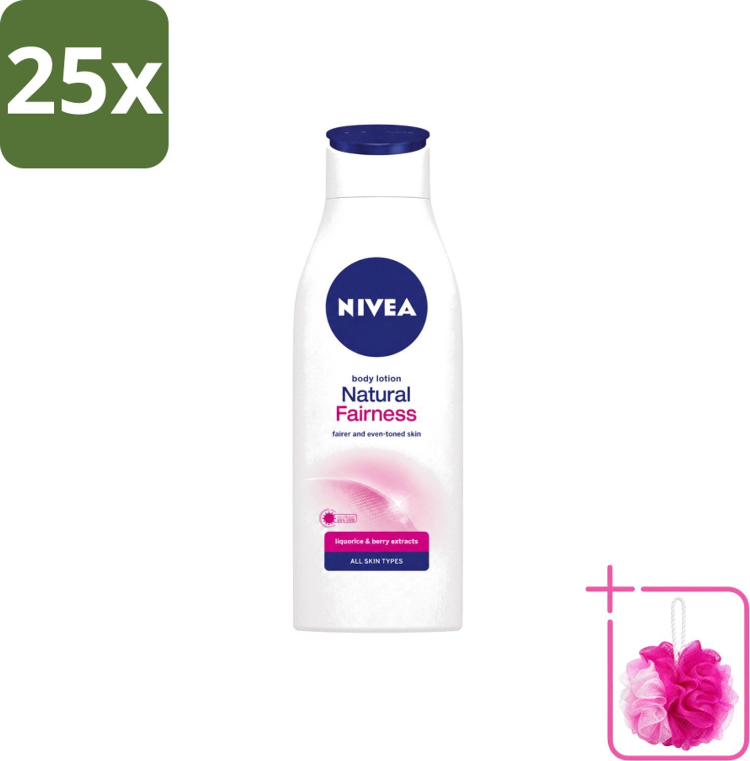 25 x Nivea – Bodylotion – Natural Fairness Clarifiant – 400 ml - Bulkverpakking - Huidverlichting - Douchemop - Natuurlijke glans