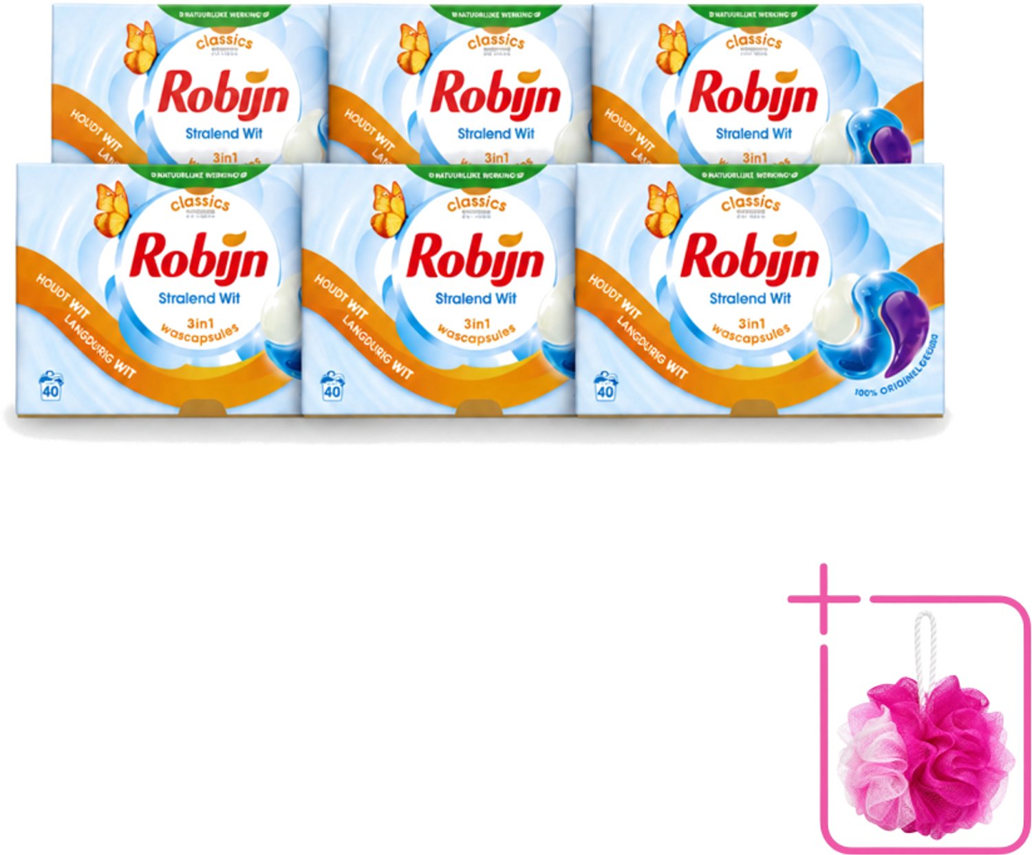 6 x Robijn - Stralend Wit - 3-in-1 Wascapsules - Houdt Langdurig Wit - 40 Wascapsules - Bulkverpakking - Wit was - Douchemop - Wascapsules