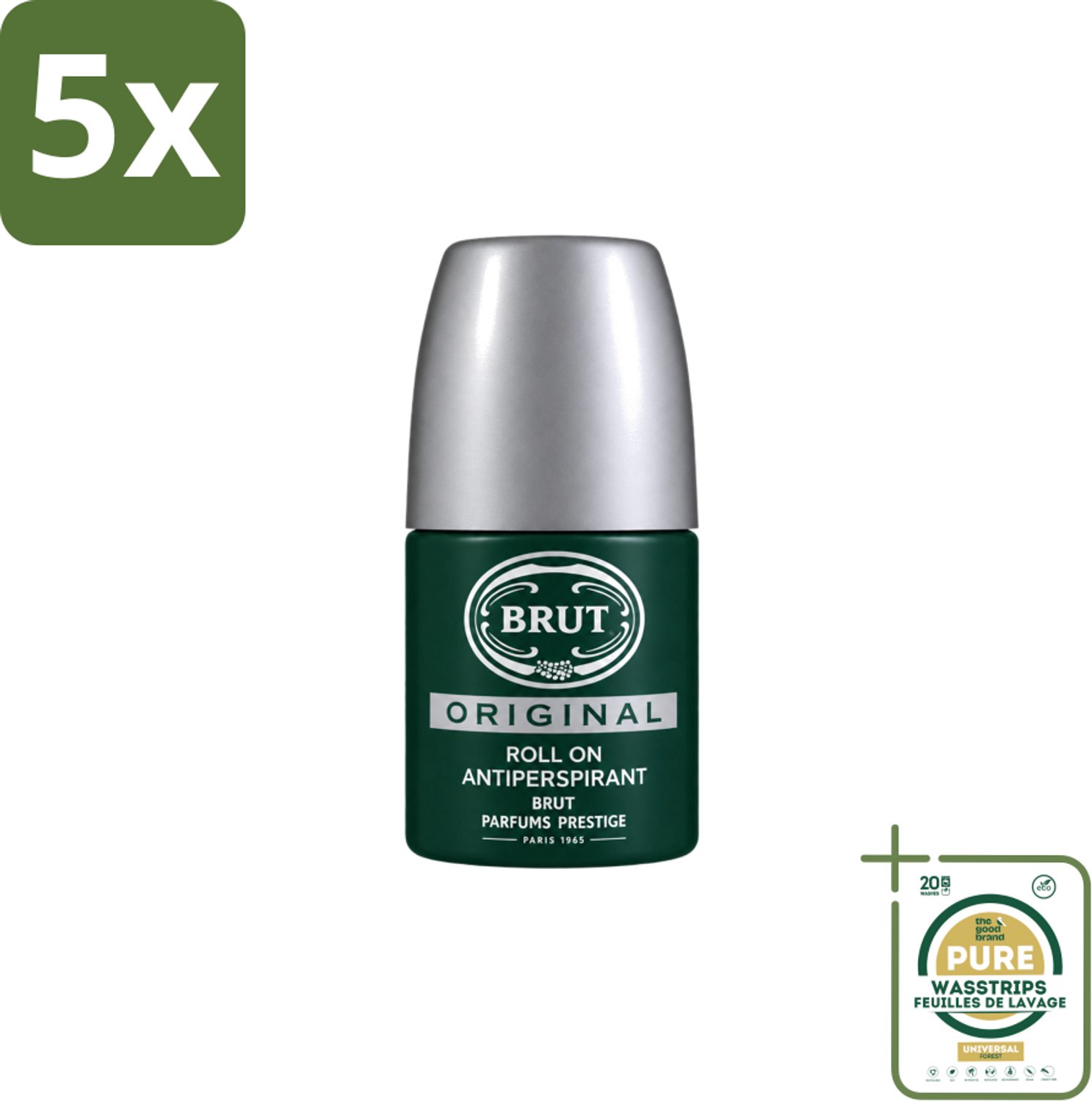 5 x Brut – Deodorant Roll-On – Original – Glas – 50 ml - Wasstrips - Deodorant Roll-on Mannen - Zweetgeur Bestrijding - Brut Original Geur - Klassieke Deodorant - Fris Gevoel