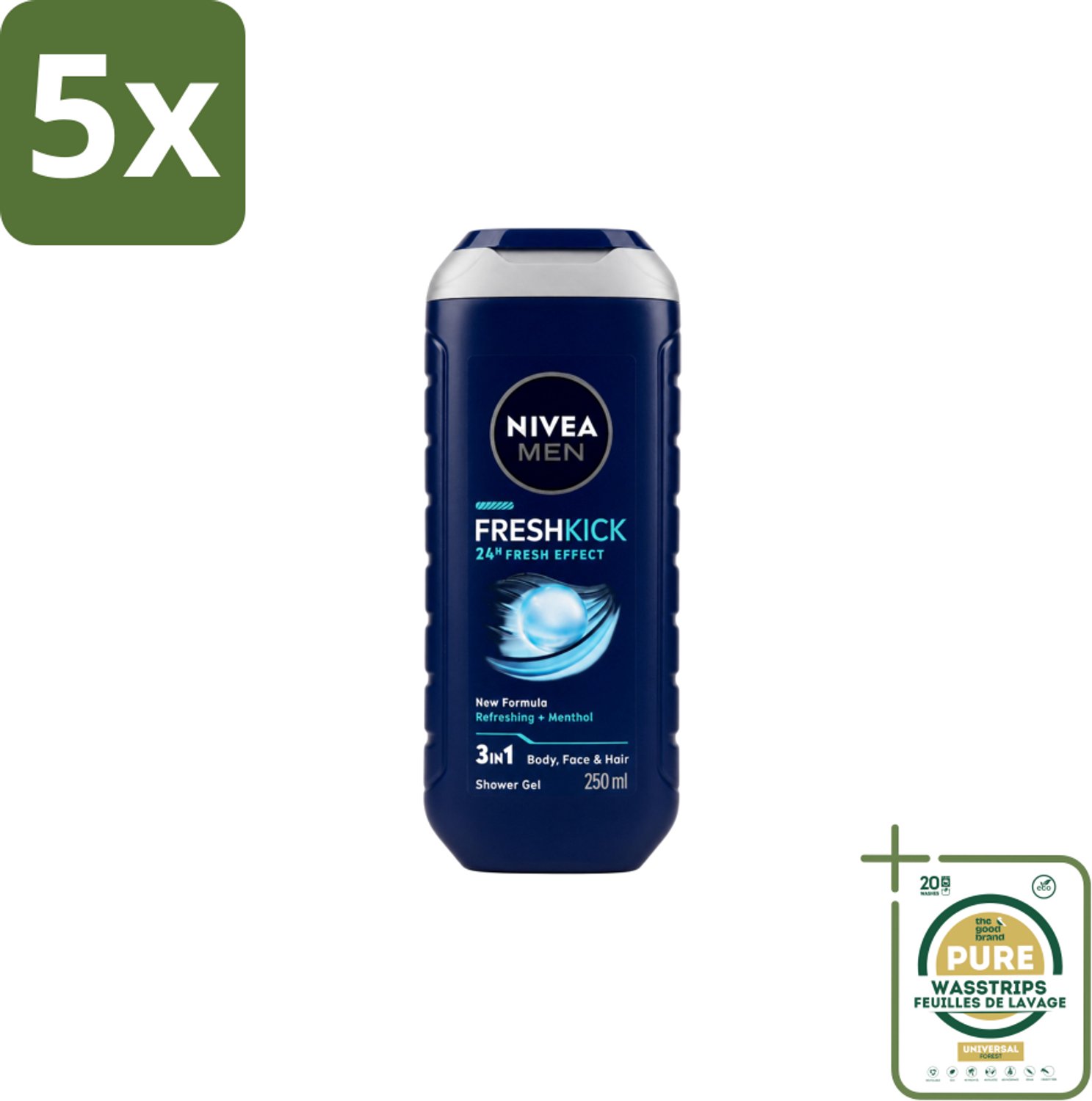 5 x Nivea Men – Douchegel – Fresh Kick – 250 ml - Wasstrips - Douchegel - Verfrissend - Munt - Verkoelend - Lichaam