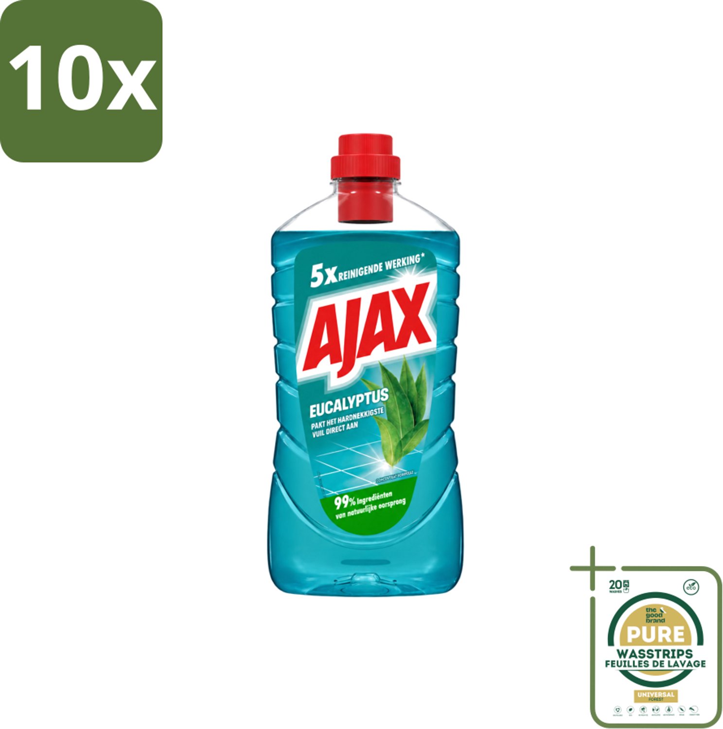 10 x Ajax – Allesreiniger – Eucalyptus – 1000 ml - Wasstrips - Allesreiniger Eucalyptus - Reiniging - Frisse Geur - Natuurlijke Schoonmaak - Krachtige Reiniging