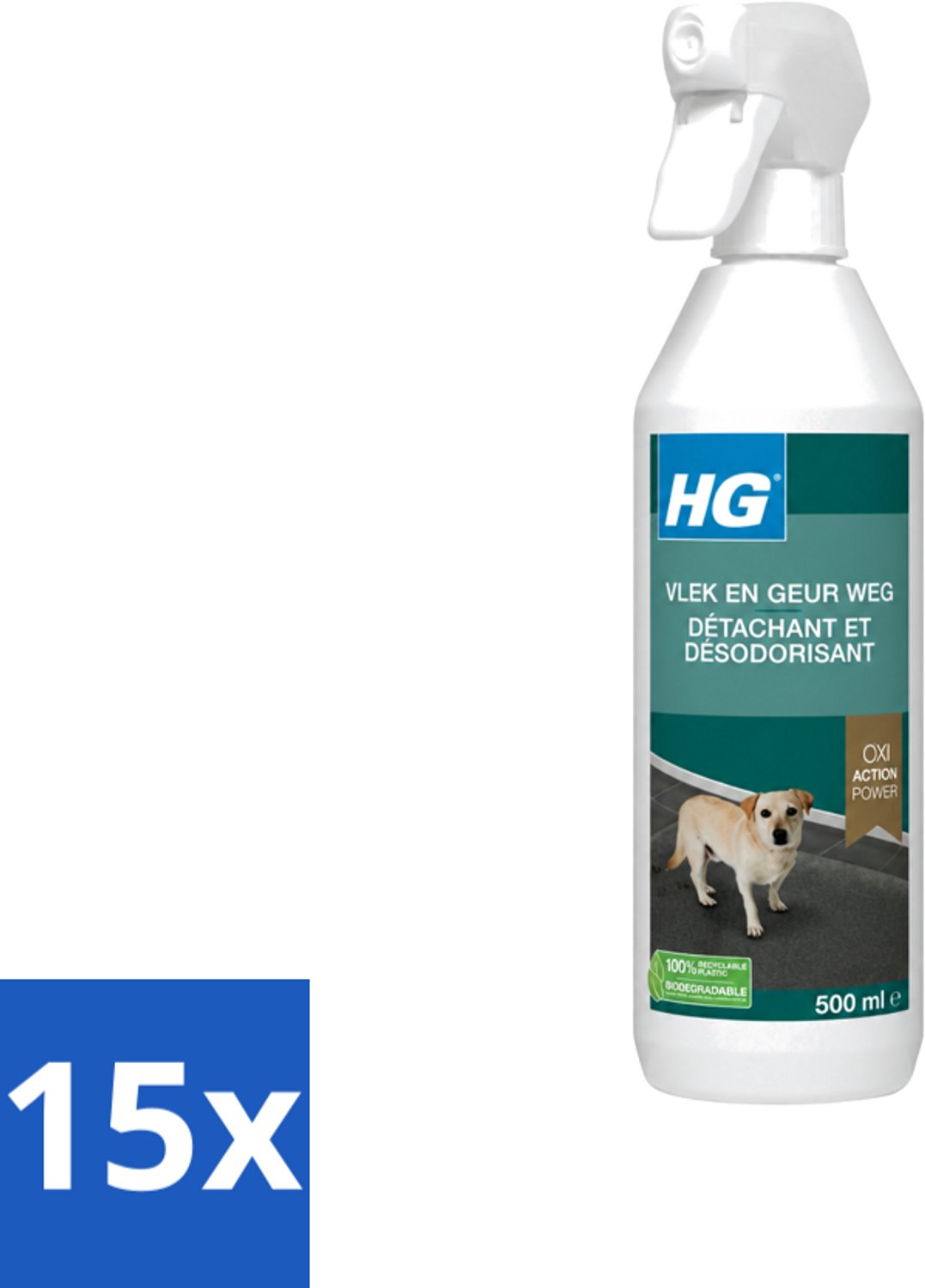 15 x HG - Vlek & Geur Weg Spray - Hond - Oxi Action Power - Hardnekkige Werking - 500 ml - Voordeelverpakking - 15 stuks