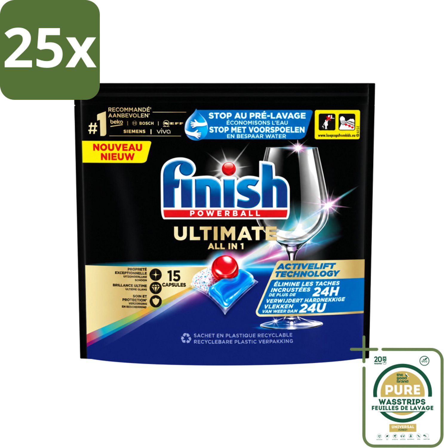25 x Finish Powerball - Ultimate All in 1 - Vaatwastabletten - Activelift - 15 Capsules - Wasstrips - Vaatwastabletten - Activelift - Reiniging - Glans - Vaatwassen