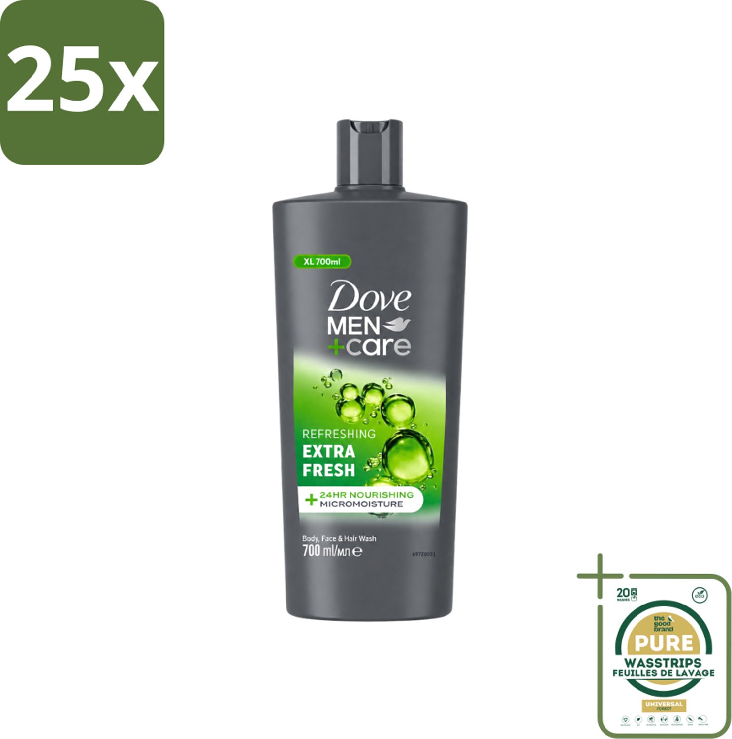 25 x Dove Men+Care - Extra Fresh - Douchegel 3-in-1 - Verzorgend - 700 ml - Wasstrips - Douchegel Voor Mannen - Verfrissende Douche - Hydraterende Douche - Gezichtsproduct Voor Mannen - Haarproduct Voor Mannen