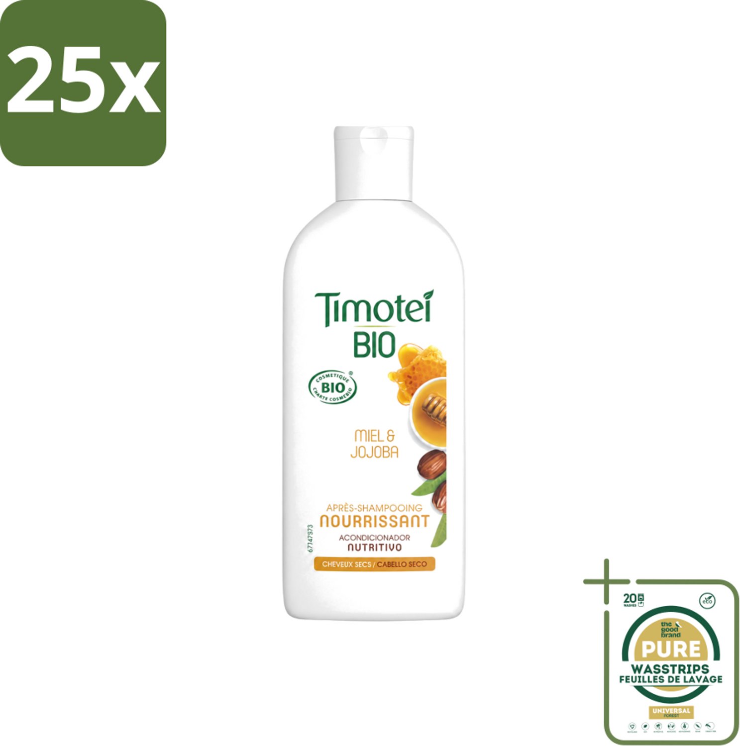 25 x Timotei - Crèmespoeling - Honing & Jojoba - Biologisch - Droog Haar & Droge Hoofdhuid - 250 ml - Wasstrips - Crèmespoeling - Droog Haar - Droge Hoofdhuid - Honing - Jojoba-olie