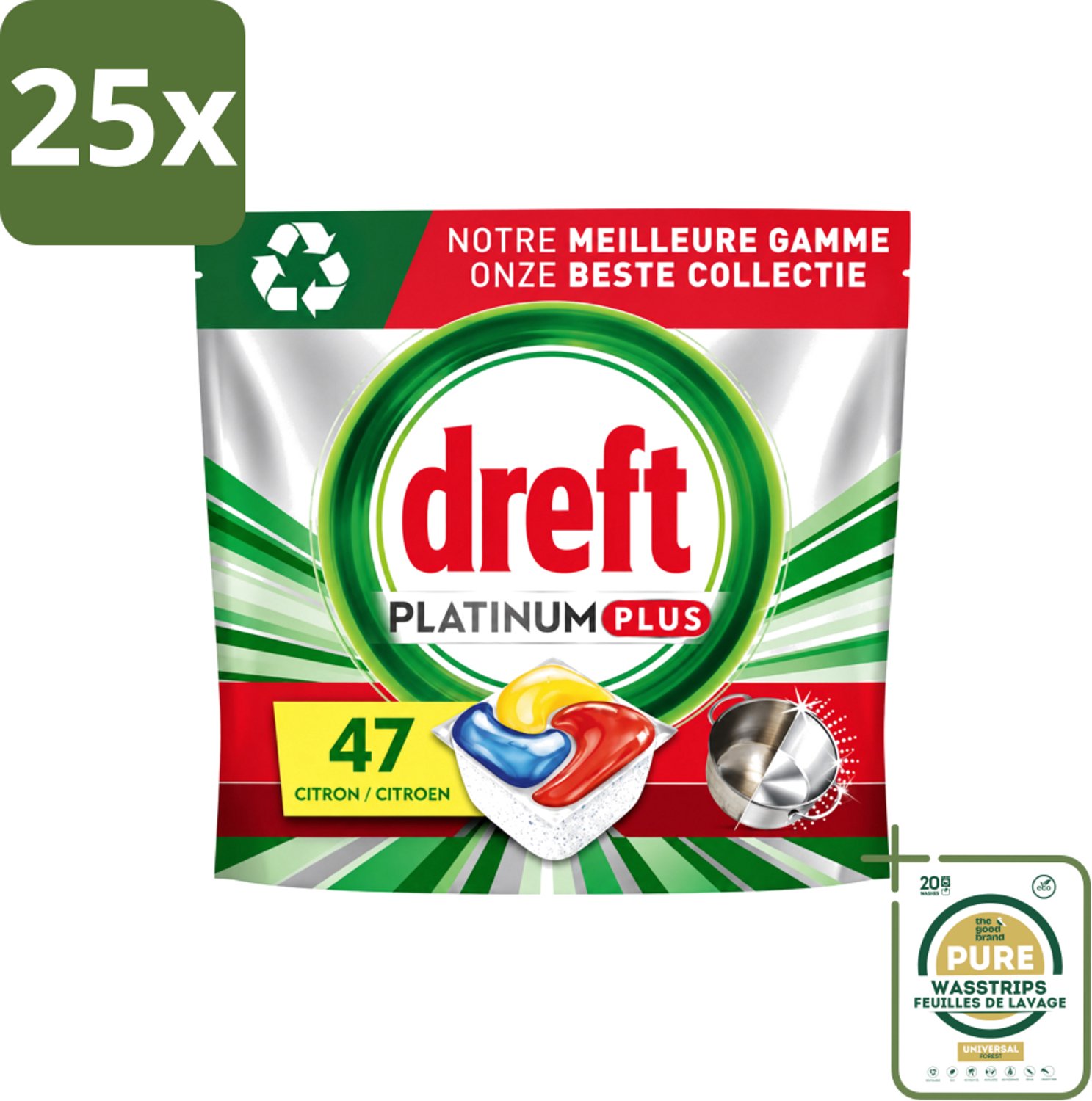 25 x Dreft Platinum Plus - All In One - Vaatwascapsules - Anti-Matt Technologie - Citroen - 47 Afwasbeurten - Wasstrips - Vaatwasmiddel - Vaatwascapsule - Vaatwasmiddel Capsule - Vaatwasmiddel 71 Wasbeurten - Vaatwasmiddel Met Spoelglans