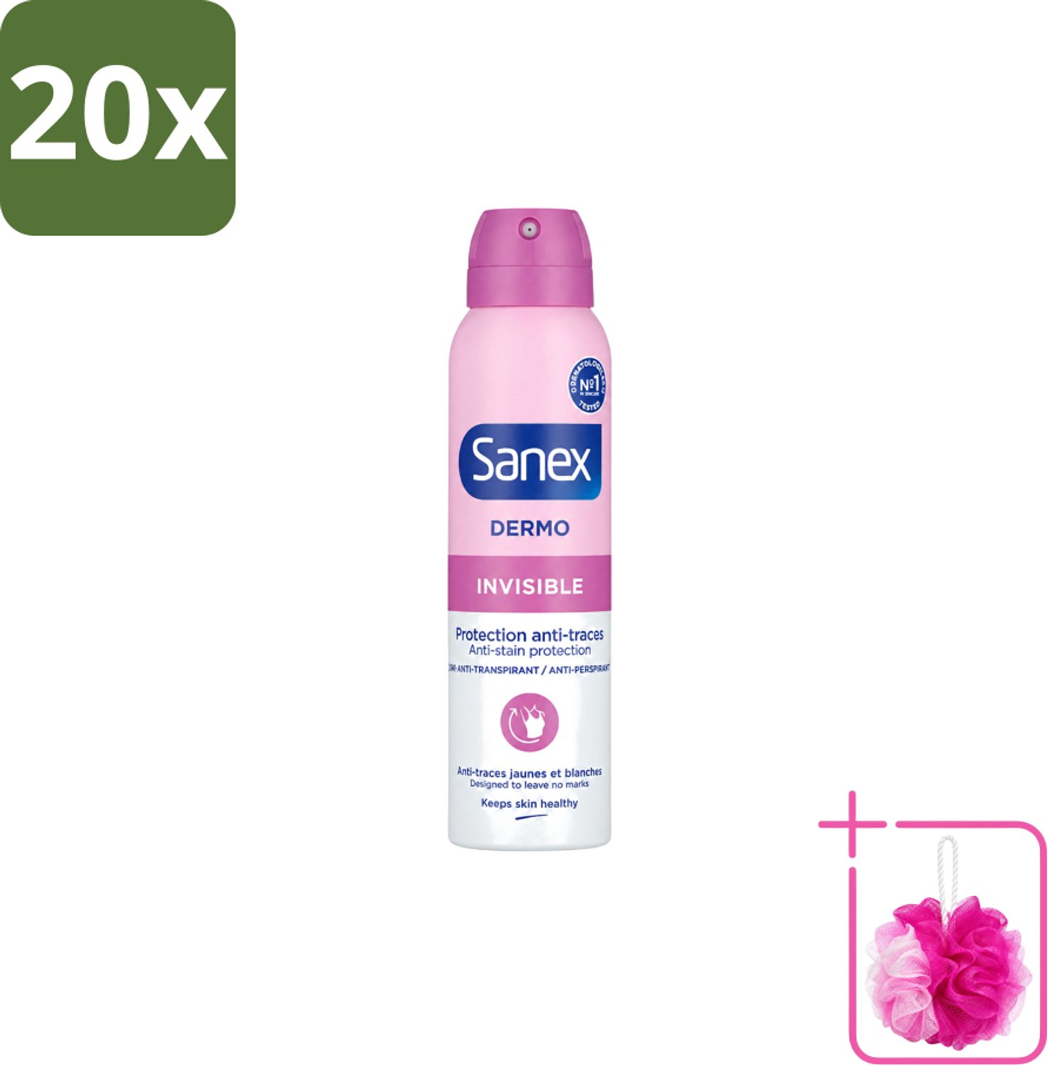 20 x Sanex – Deodorant Spray – Dermo Invisible – 150 ml - Bulkverpakking - Onzezichtbare deodorant - Douchemop - Deodorant spray