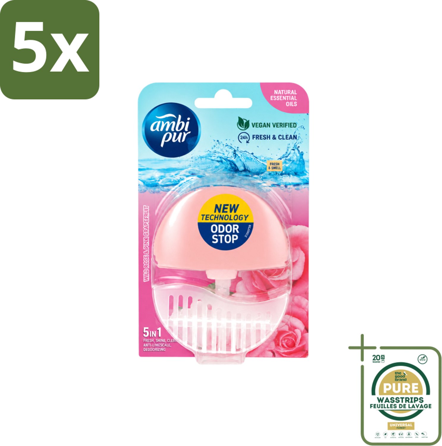 5 x Ambi Pur - Toiletblok - 5in1- Wilde Roos & Roze Grapefruit - 1 Blok - Wasstrips - Toilet - Toiletblok - Frisheid - Super Shine - Anti-kalk