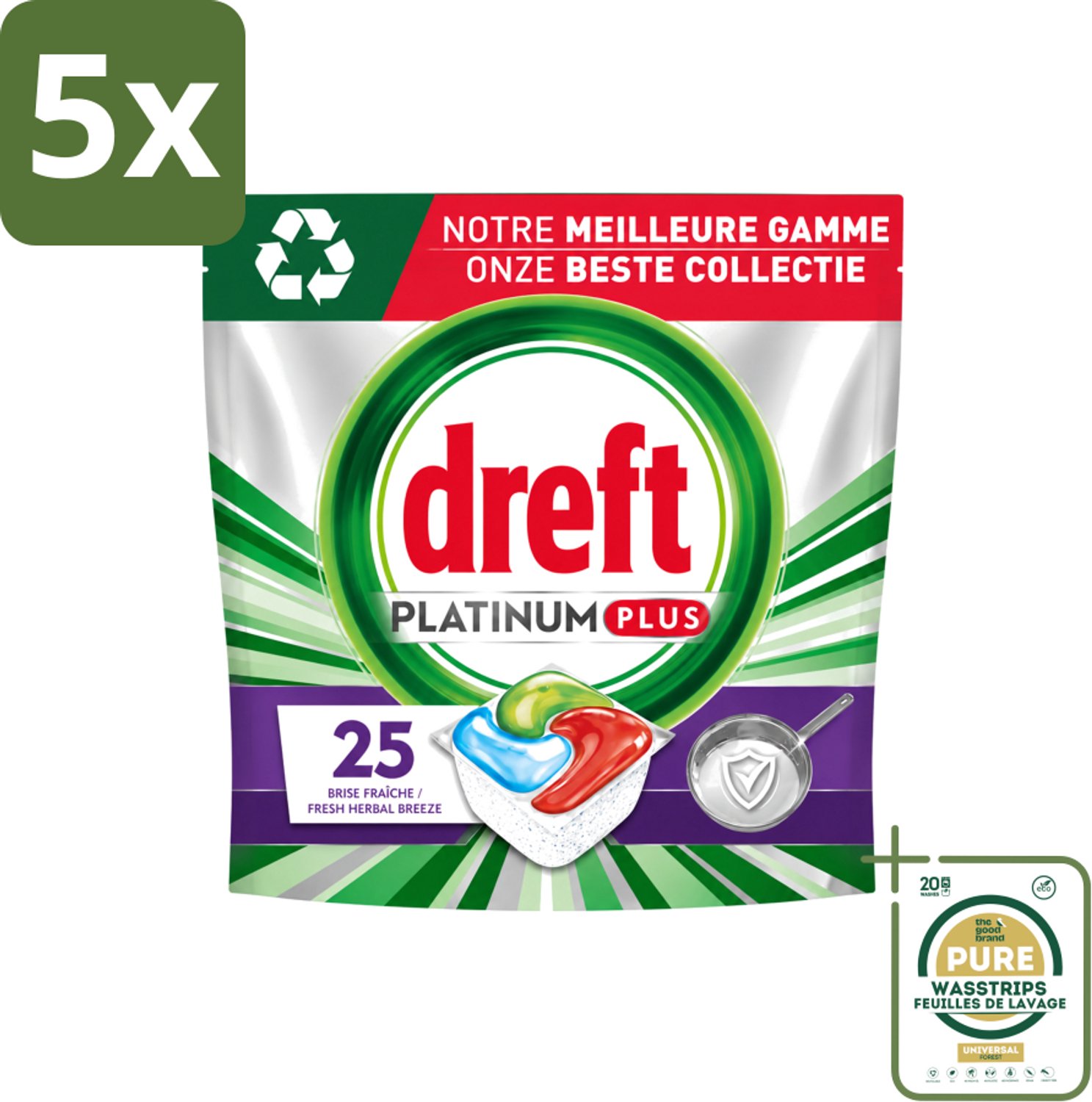 5 x Dreft Platinum Plus - Vaatwascapsules - Deep Clean Boosted - Fresh Herbal Breeze - 25 Afwasbeurten - Wasstrips - Vaatwassen - Vaatwasmiddel - Vaatwascapsule - Glanzend Schone Vaat - Voedselresten Verwijderen
