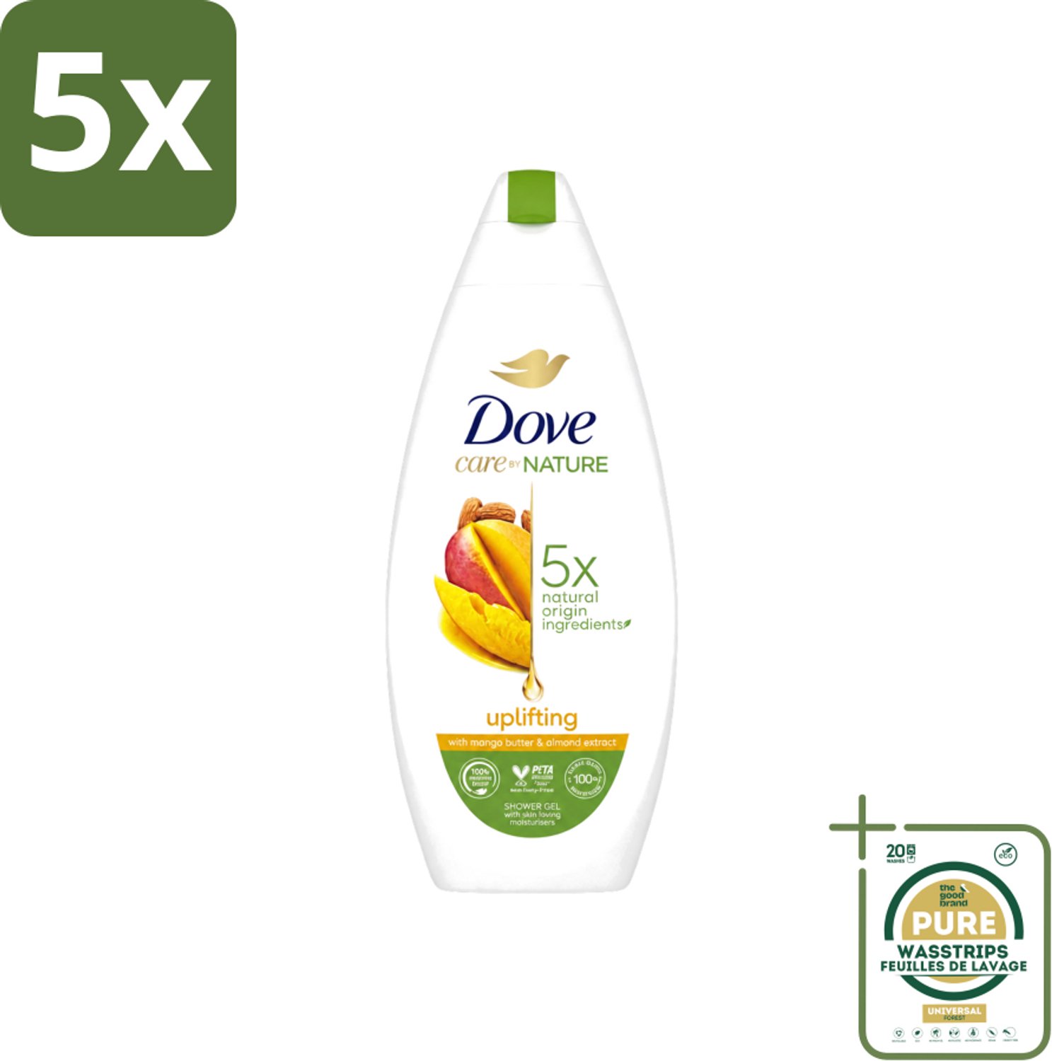 5 x Dove Care By Nature - Uplifting - Douchegel - Mangoboter & Almond Extract - 225 ml - Wasstrips - Douchegel - Huidverzorging - Opwekkende Douchegel - Hydraterende Douchegel - Mangoboter