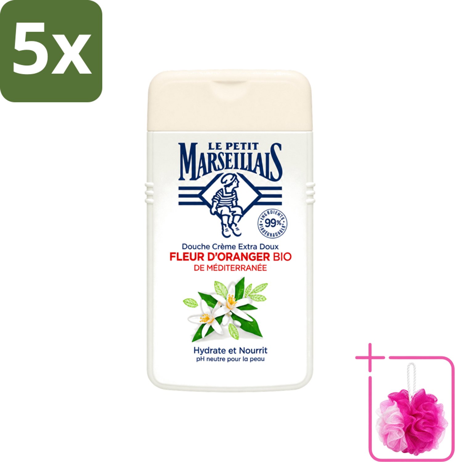 5 x Le Petit Marseillais - Douchecrème - Oranjebloesem - Hydraterend - 250ml - Bulkverpakking - Douchecrème - Douchemop - Hydraterende douchecrème