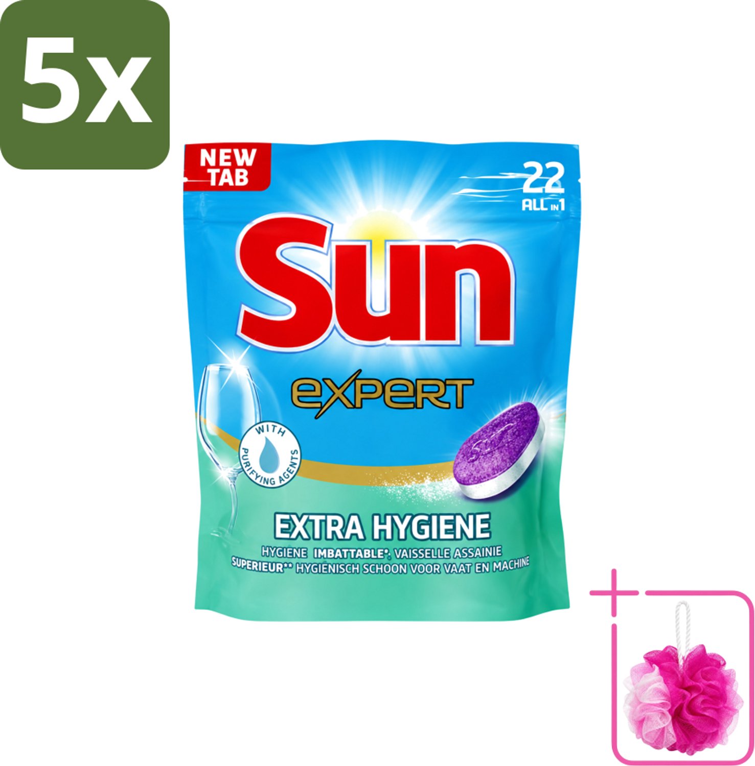 5 x Sun Expert - Extra Hygiëne - Vaatwastabletten - 22 Tabletten - Bulkverpakking - Vaatwastabletten - Douchemop - Hygiëne