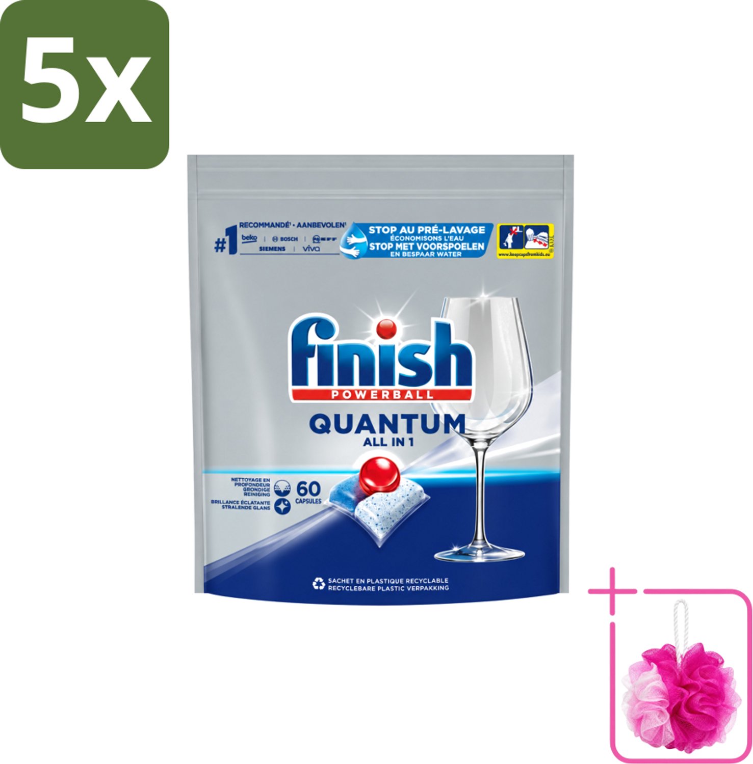5 x Finish – Vaatwastabletten – Quantum All-in-1 – 60 Capsules - Bulkverpakking - Vaatwastabletten - Douchemop - Vaatwassen