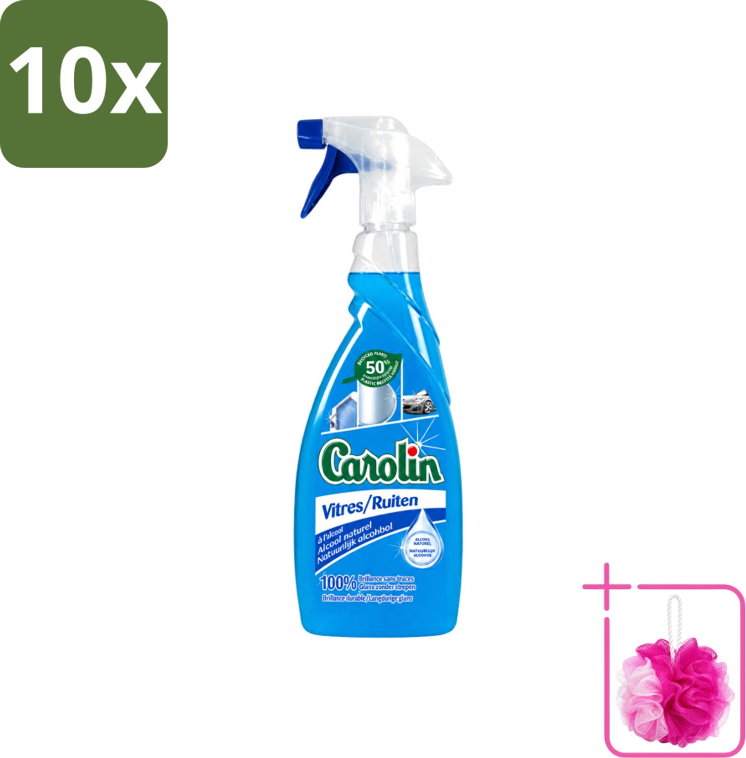 10 x Carolin - Glas- en Ruitenreiniger - Met Natuurlijke Alcohol - 650 ml - Bulkverpakking - Glas reiniger - Douchemop - Ruiten reiniger
