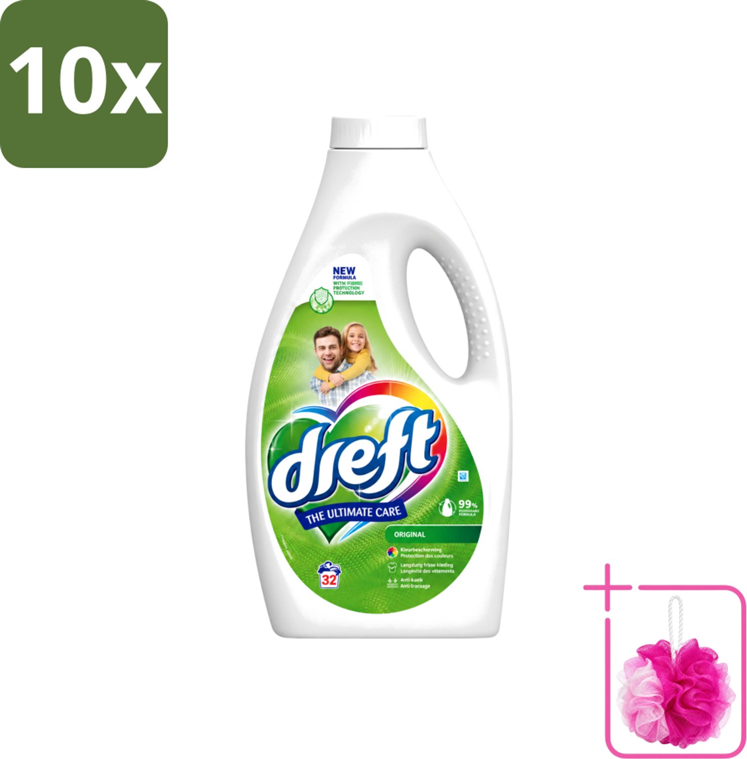 10 x Dreft - Ultimate Care - Vloeibaar Wasmiddel - Gekleurde Was - Original - 32 Wasbeurten - Bulkverpakking - Kleurbeveiliging - Douchemop - Vloeibaar wasmiddel