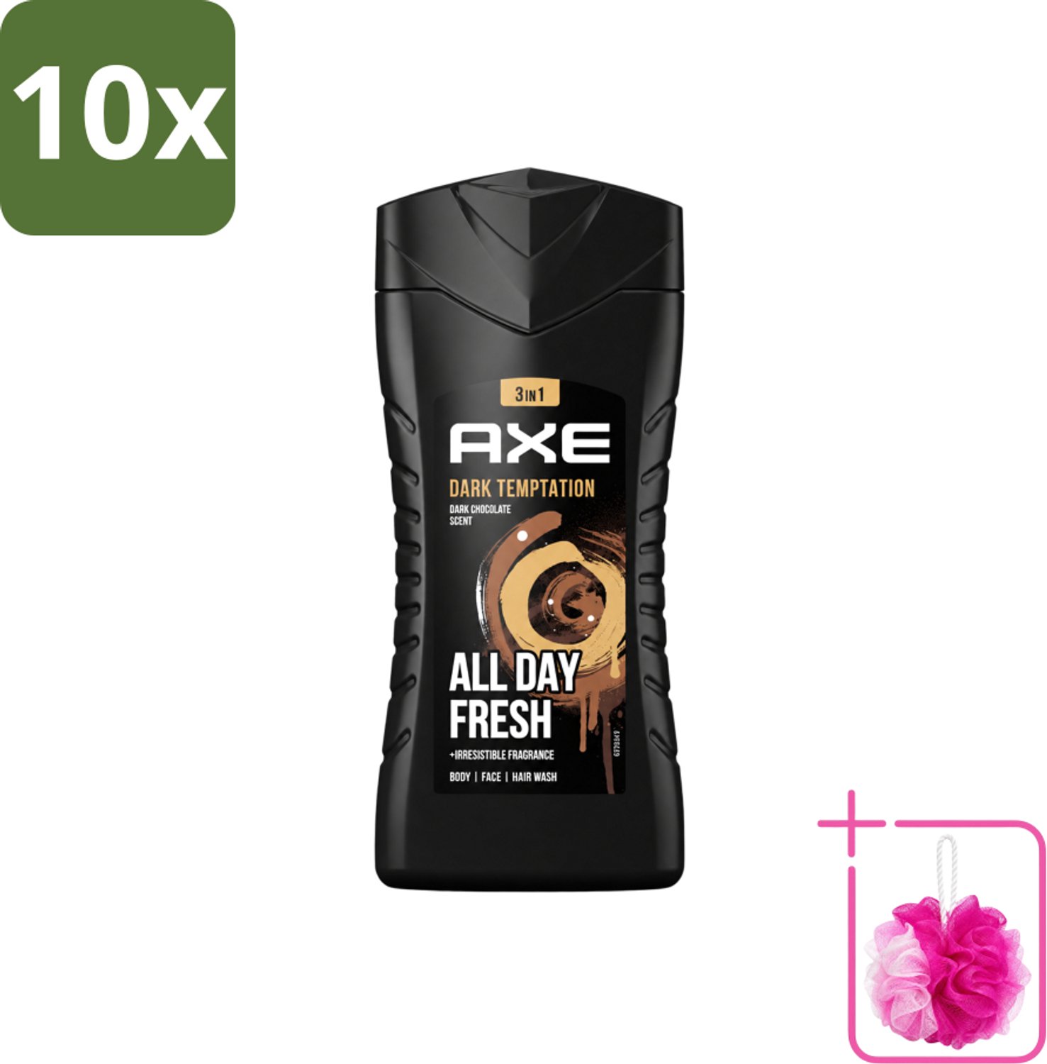 10 x Axe - 3-in-1 Douchegel - Dark Temptation - Dark Chocolate - 12hrs Long Lasting Scent - 250 ml - Bulkverpakking - Douchegel - Douchemop - Geur