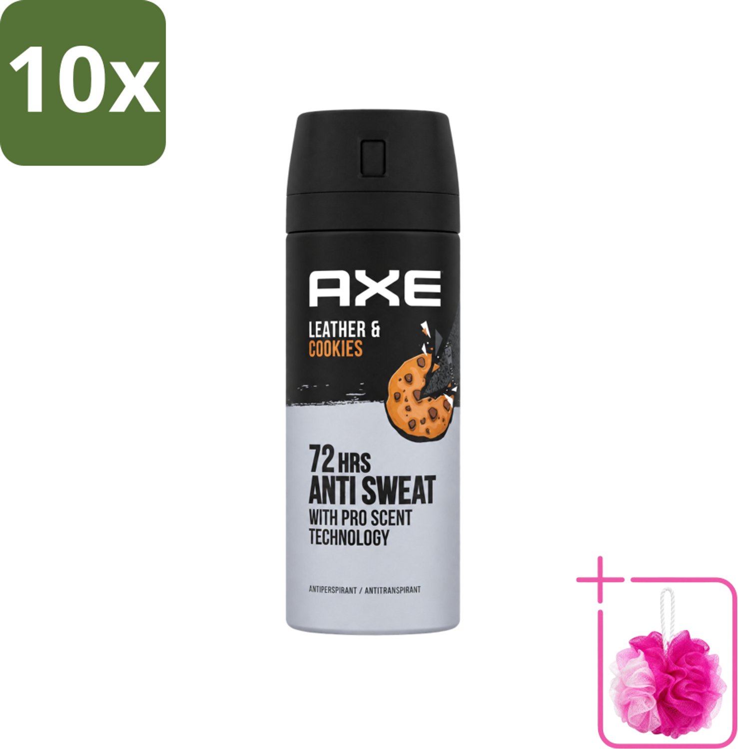 10 x Axe - Deodorant Spray - 72hrs Anti Sweat - Leather & Cookies - 150 ml - Bulkverpakking - 72 uur anti zweet - Douchemop - Deodorant spray