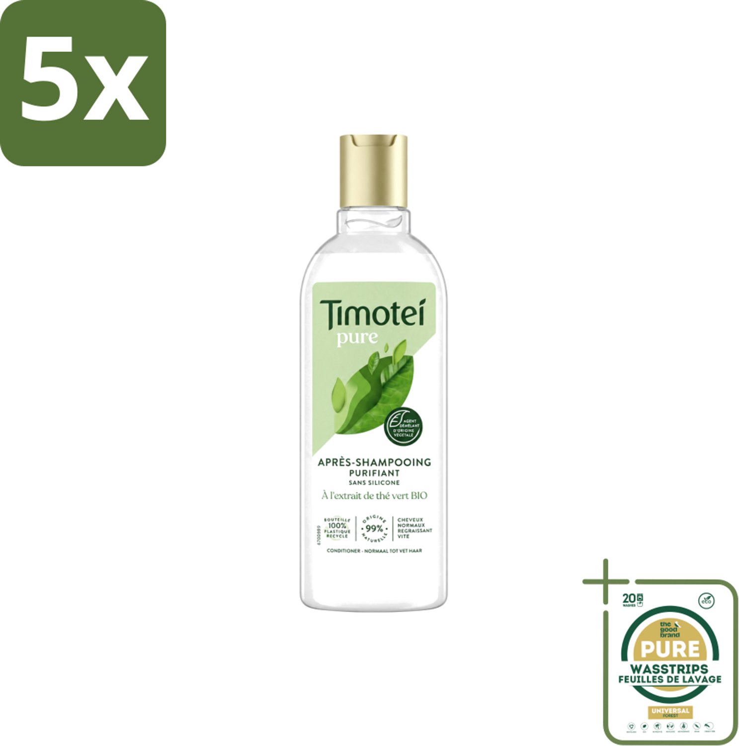 5 x Timotei Conditioner - pure groene thee - 300 ml - Wasstrips - Groene Thee Conditioner - Zachte Haar - Fris Haar - Natuurlijke Haar Verzorging - Haar Verzorging