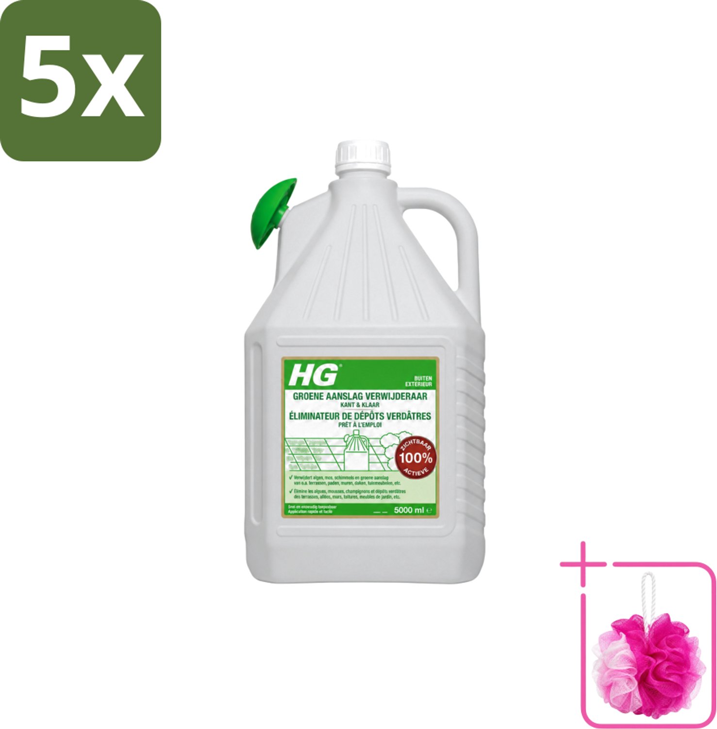 5 x HG - ECO Groene Aanslagreiniger - Kant-en-klaar met Sproeikop - 5 L - Bulkverpakking - Groene aanslag - Douchemop - Terras reinigen